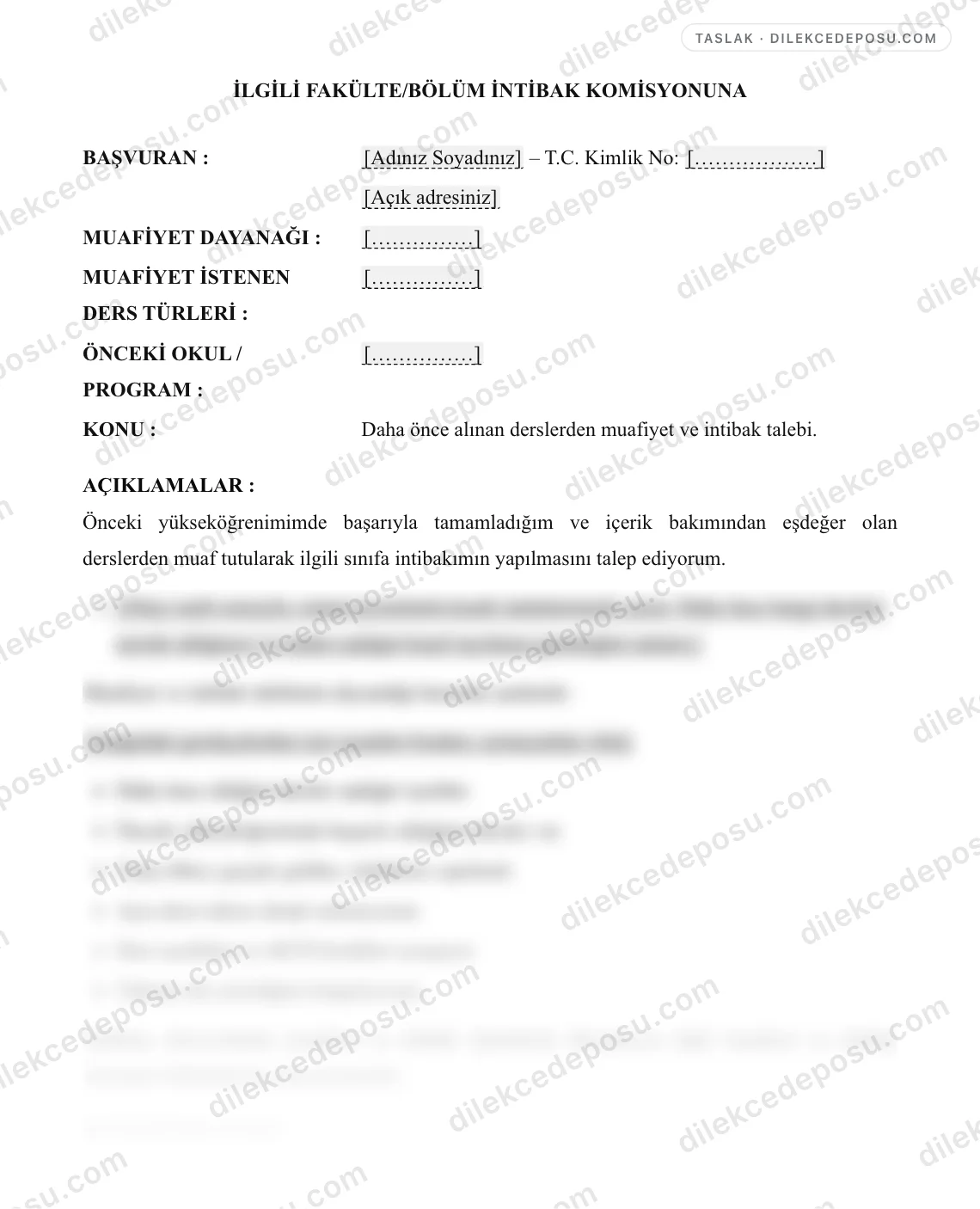 İntibak (Ders Saydırma/Muafiyet) Talep Dilekçesi Örneği – taslağın ilk bölümünün önizlemesi