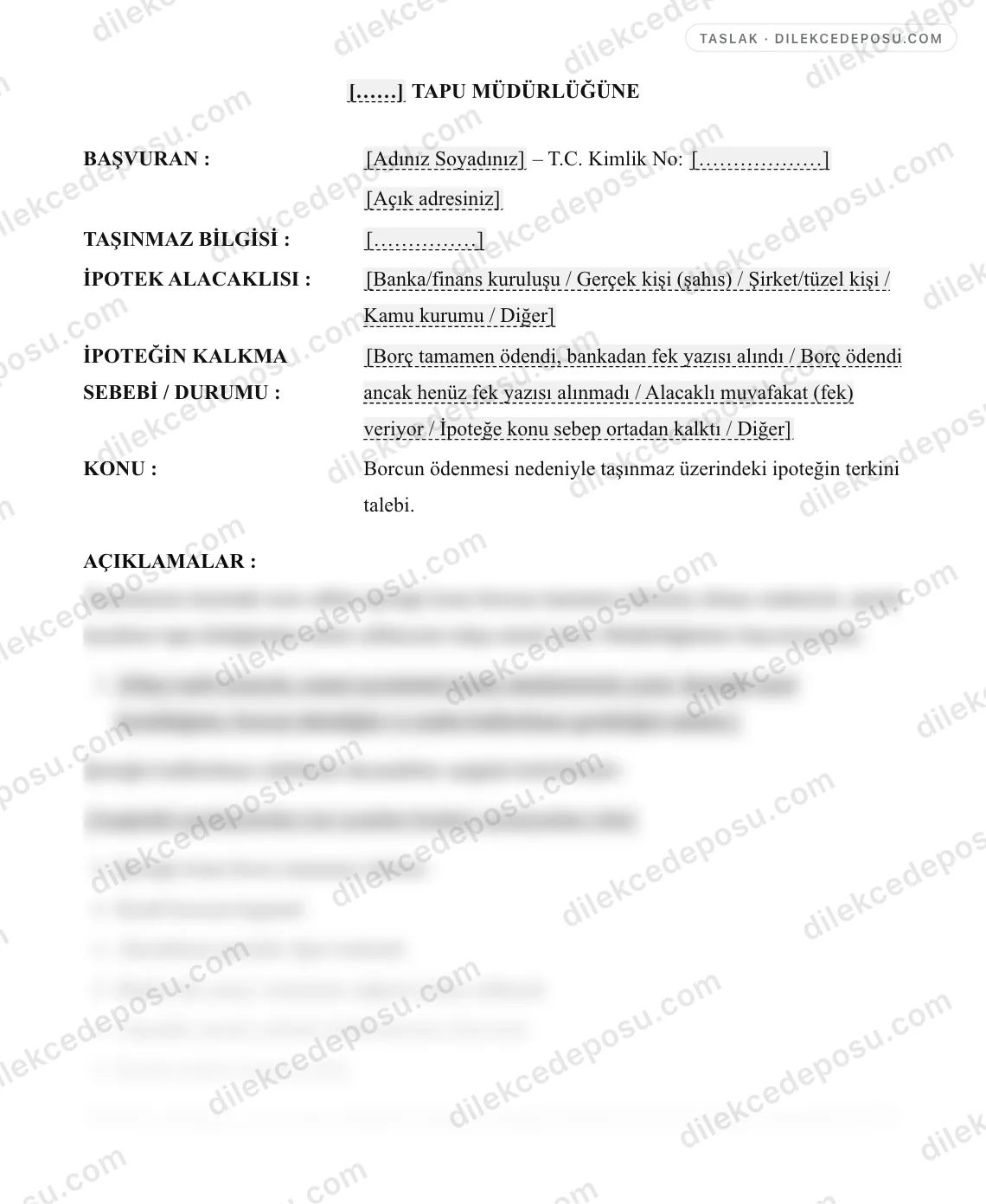 İpoteğin Fekki (Kaldırılması) Talebi Örneği – taslağın ilk bölümünün önizlemesi