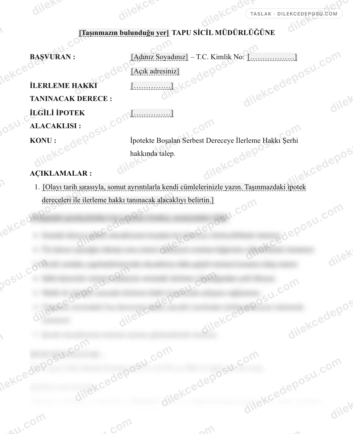 İpotekte Boşalan Serbest Dereceye İlerleme Hakkı Şerhi Talebi (TMK m.871) Örneği – taslağın ilk bölümünün önizlemesi