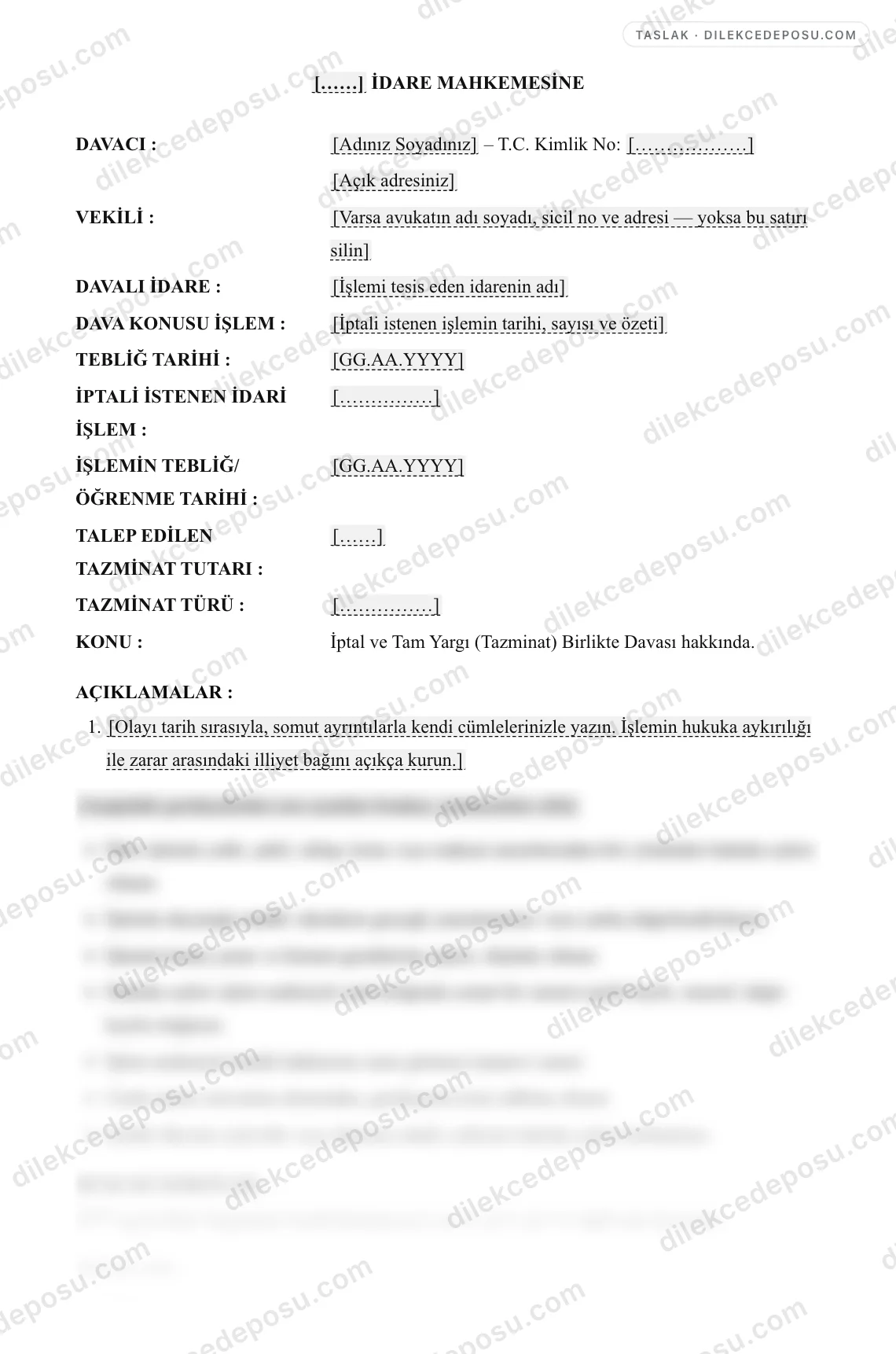İptal ve Tam Yargı (Tazminat) Birlikte Davası Dilekçesi Örneği – taslağın ilk bölümünün önizlemesi