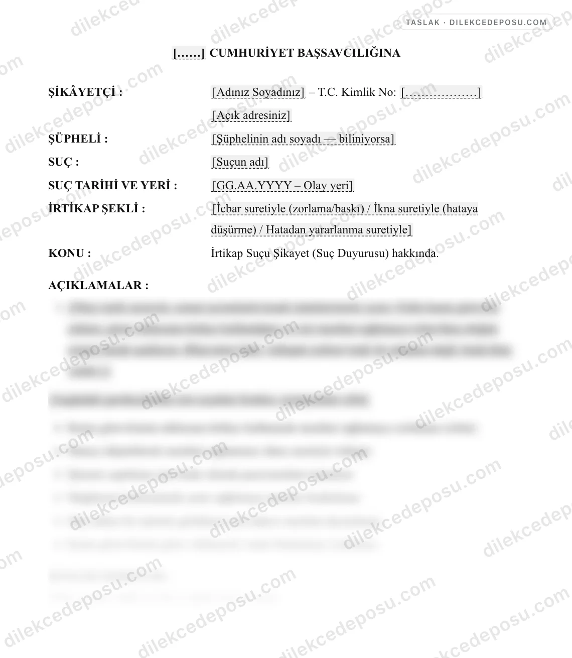İrtikap Suçu Şikayet (Suç Duyurusu) Dilekçesi Örneği – taslağın ilk bölümünün önizlemesi