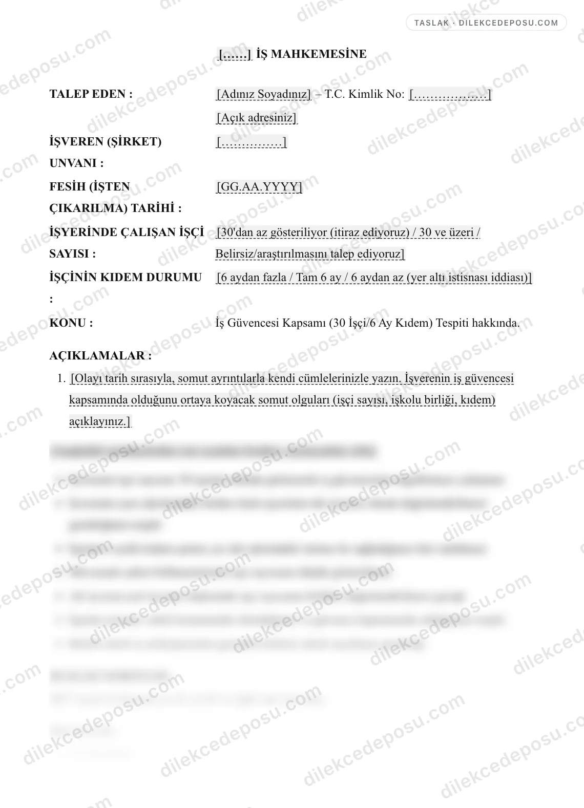 İş Güvencesi Kapsamı (30 İşçi/6 Ay Kıdem) Tespiti Dilekçesi Örneği – taslağın ilk bölümünün önizlemesi
