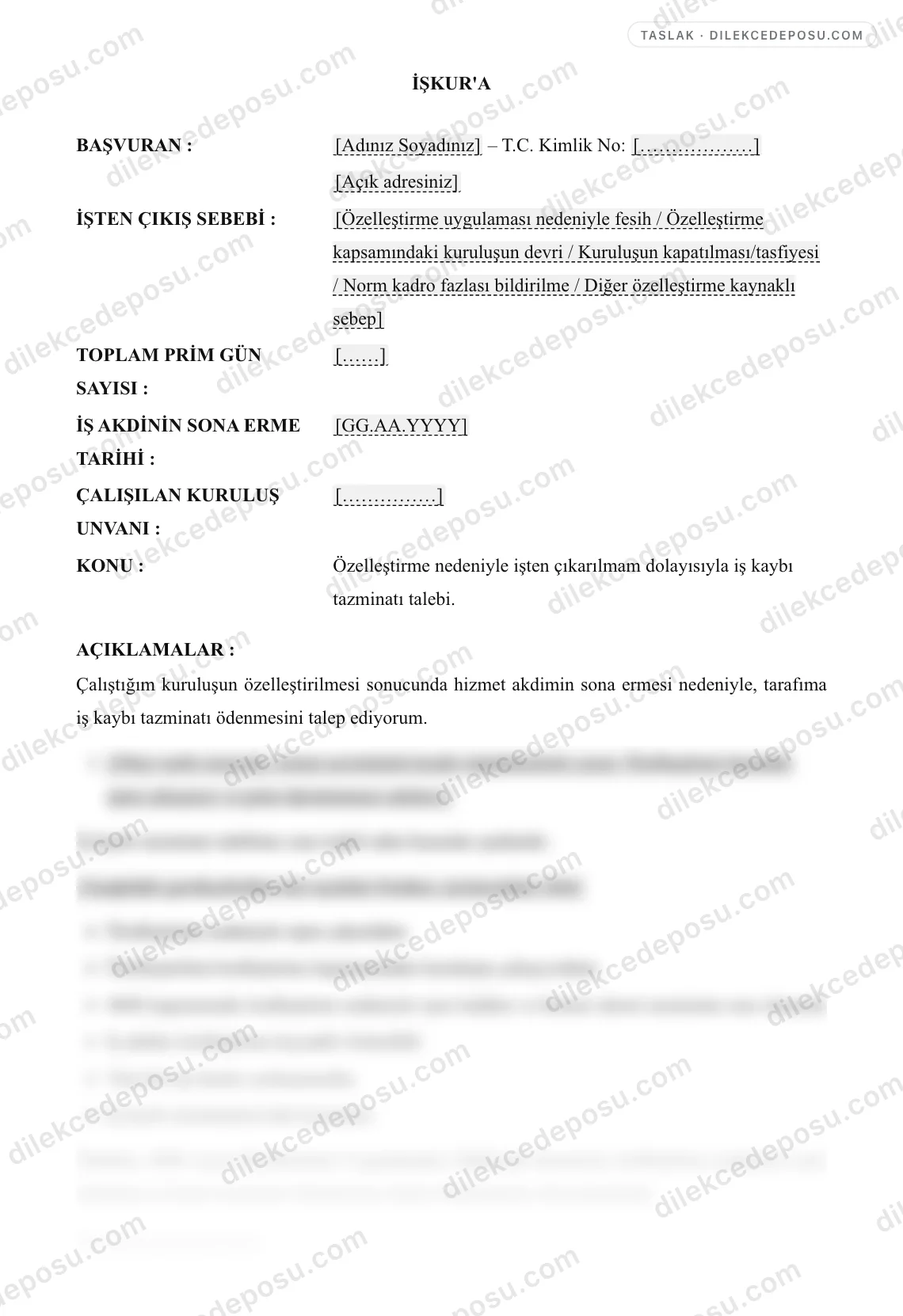 İş Kaybı Tazminatı (Özel Sigortalı) Örneği – taslağın ilk bölümünün önizlemesi