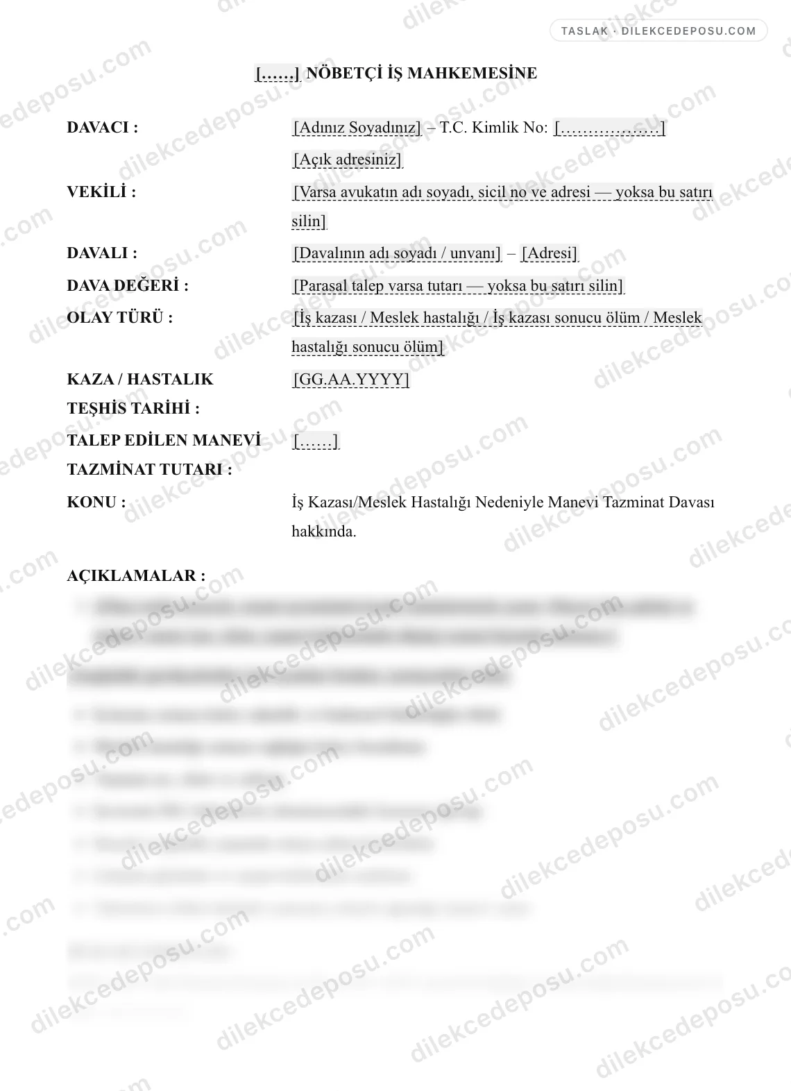 İş Kazası/Meslek Hastalığı Nedeniyle Manevi Tazminat Davası Örneği – taslağın ilk bölümünün önizlemesi