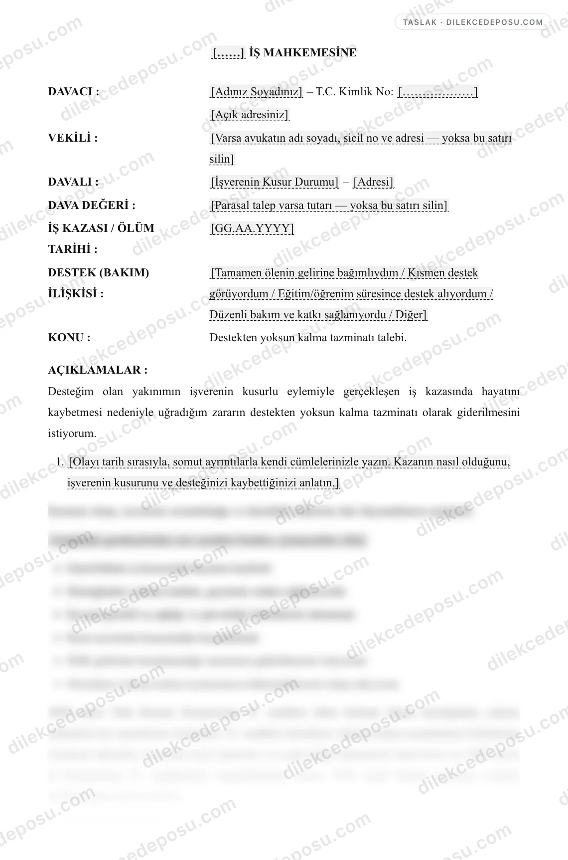 İş Kazası Nedeniyle Destekten Yoksun Kalma Tazminatı Davası Örneği – taslağın ilk bölümünün önizlemesi
