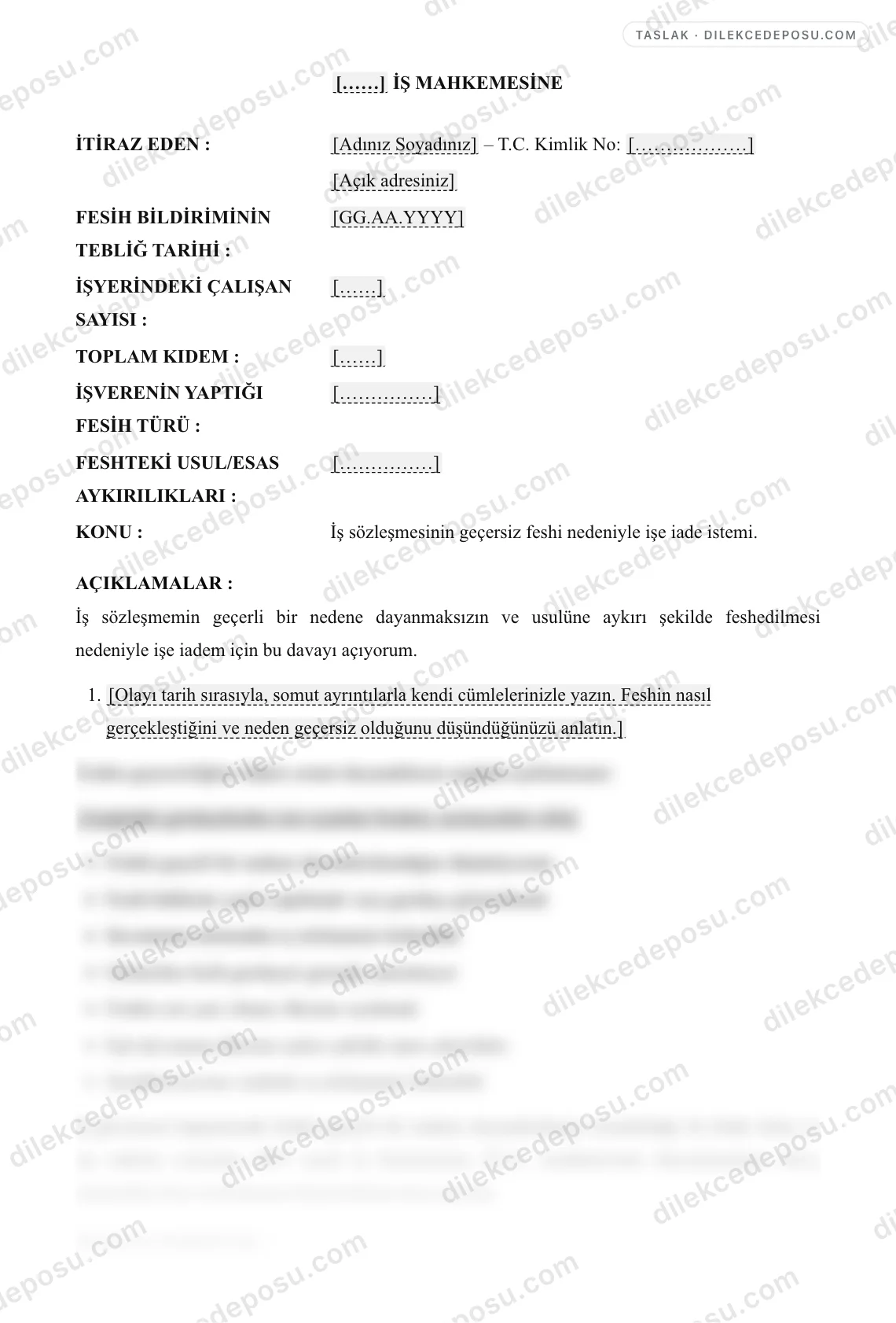 İş Sözleşmesi Feshine İtiraz (Haklı/Geçerli Neden) Örneği – taslağın ilk bölümünün önizlemesi
