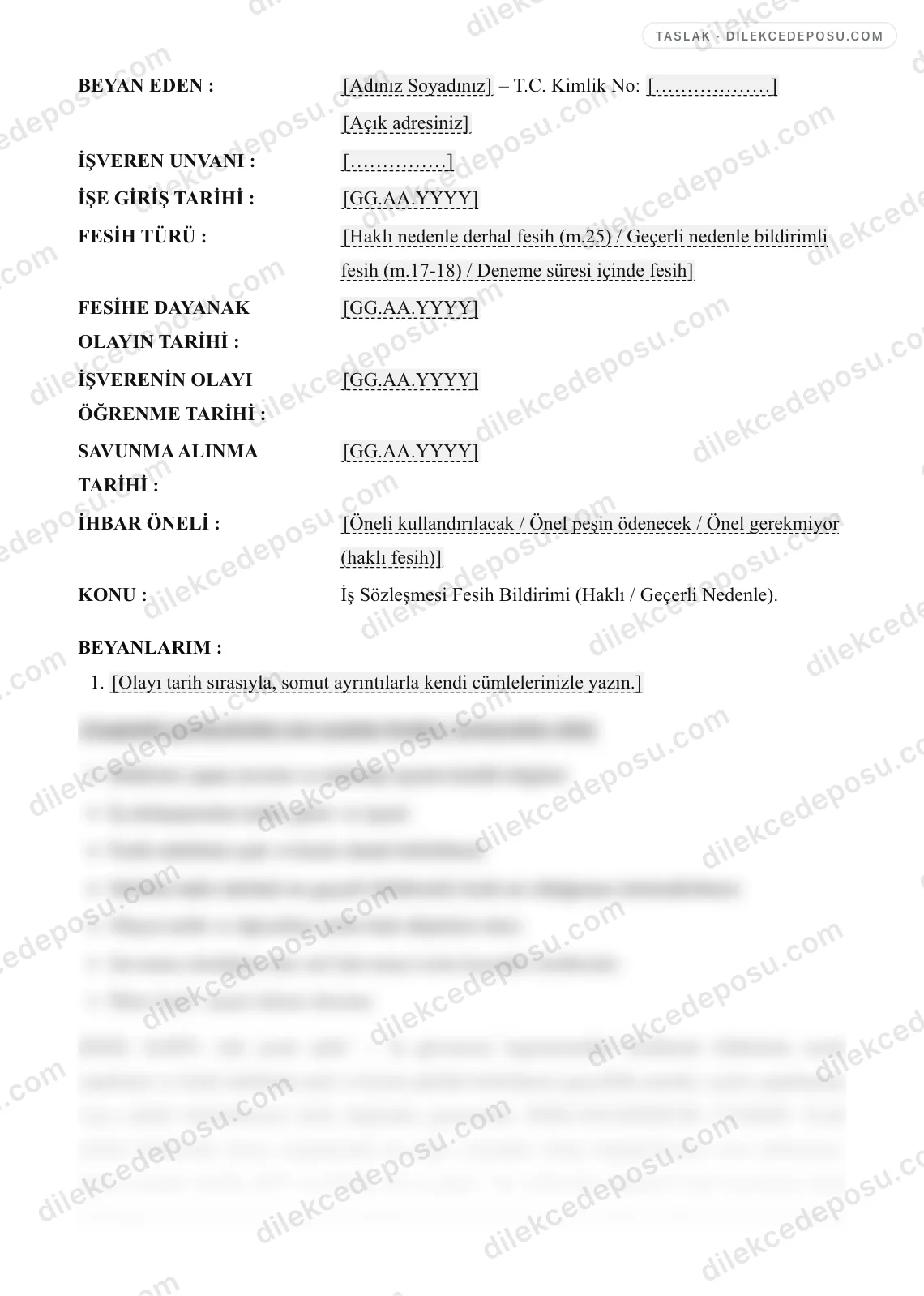 İş Sözleşmesi Fesih Bildirimi (Haklı / Geçerli Nedenle) Örneği – taslağın ilk bölümünün önizlemesi