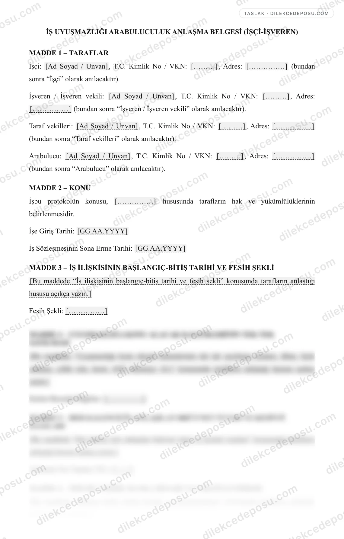 İş Uyuşmazlığı Arabuluculuk Anlaşma Belgesi (İşçi-İşveren) Örneği – taslağın ilk bölümünün önizlemesi