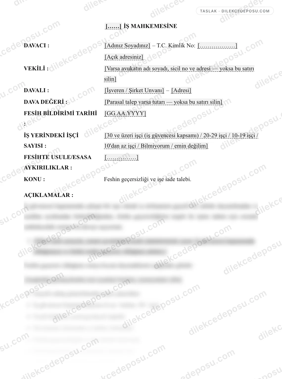 İşe İade Davası Dilekçesi Örneği – taslağın ilk bölümünün önizlemesi