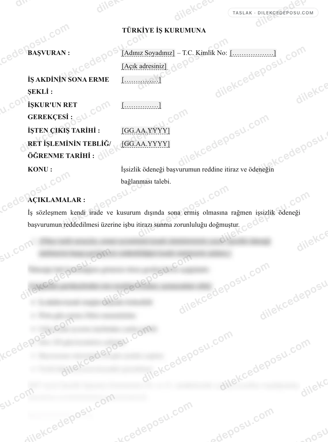 İşsizlik Ödeneği Reddine İtiraz Dilekçesi Örneği – taslağın ilk bölümünün önizlemesi