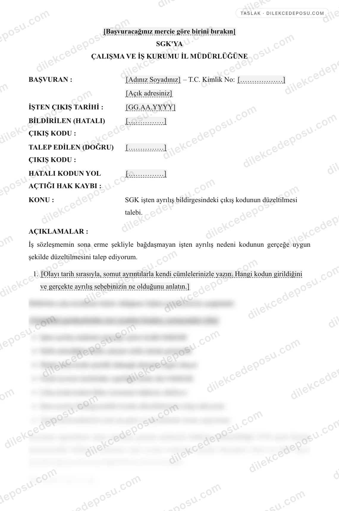 İşten Çıkış Kodu Düzeltme Talebi (SGK/İŞKUR) Örneği – taslağın ilk bölümünün önizlemesi