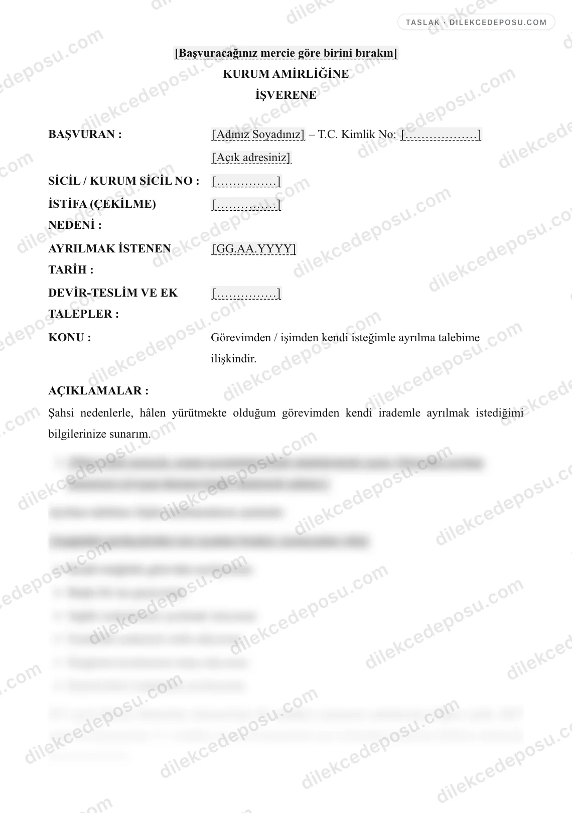 İstifa (Çekilme) Dilekçesi Örneği – taslağın ilk bölümünün önizlemesi