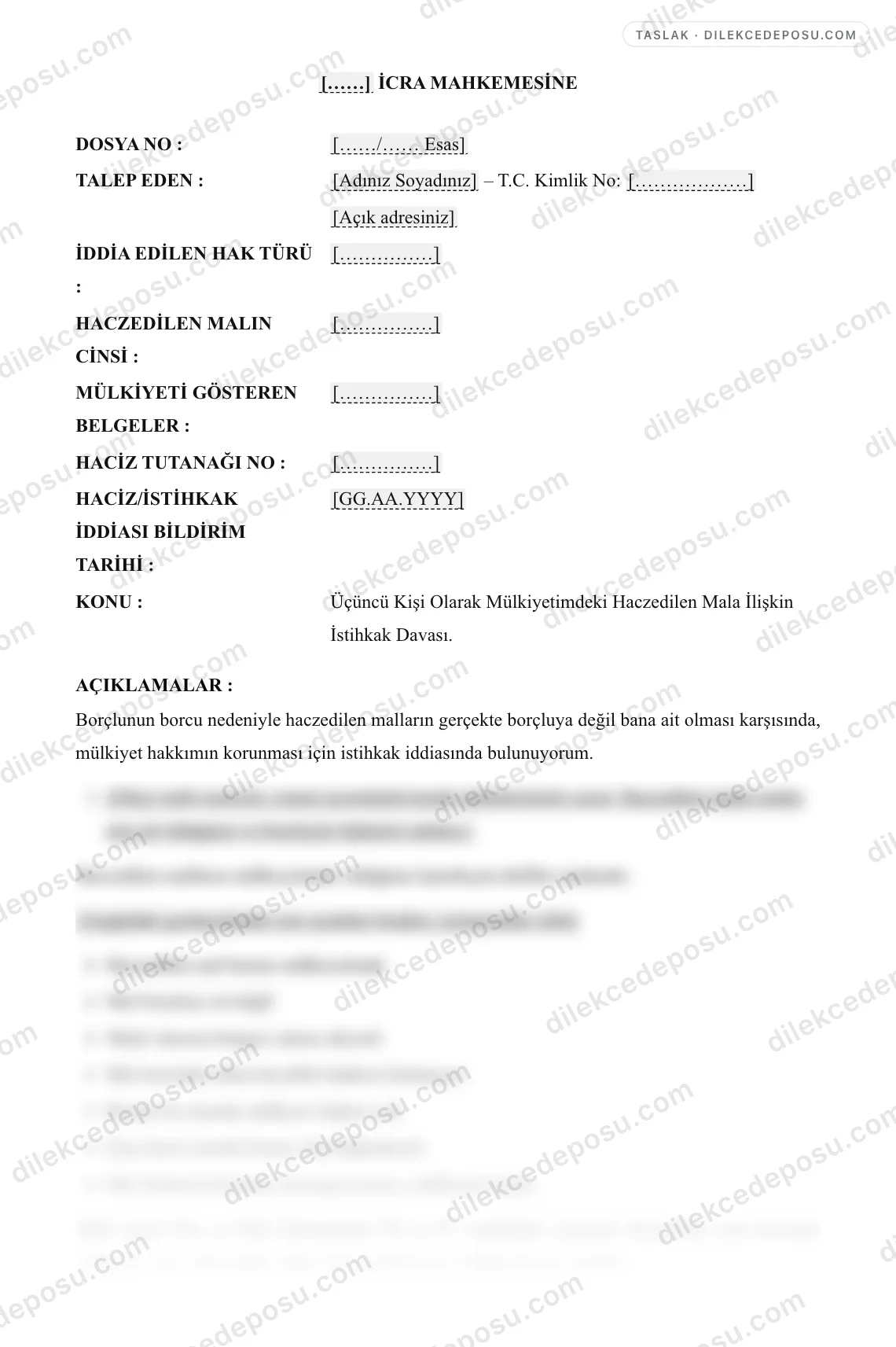İstihkak Davası (Üçüncü Kişi Haczedilen Mal) Örneği – taslağın ilk bölümünün önizlemesi