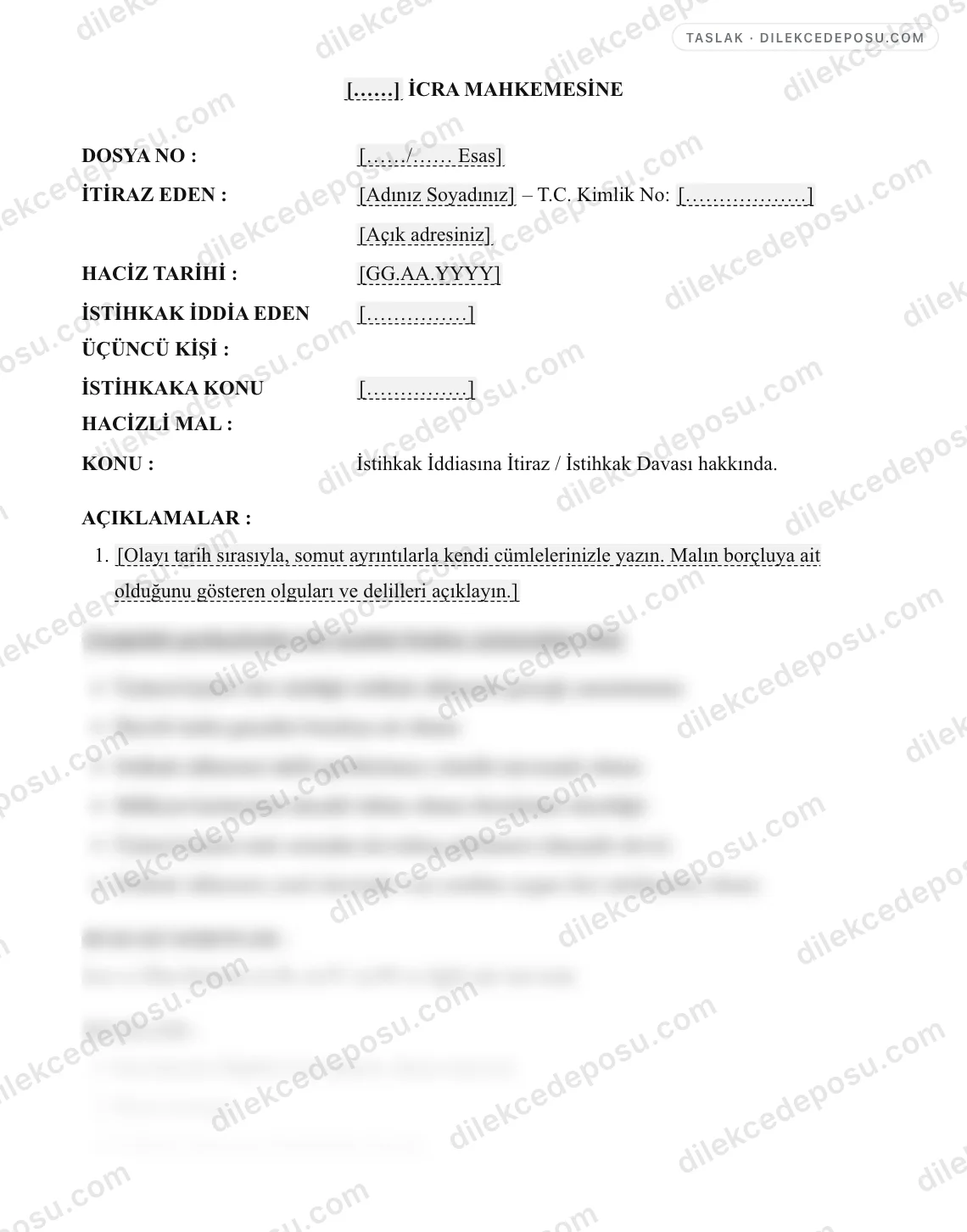 İstihkak İddiasına İtiraz / İstihkak Davası Dilekçesi (İİK m.96-97) Örneği – taslağın ilk bölümünün önizlemesi