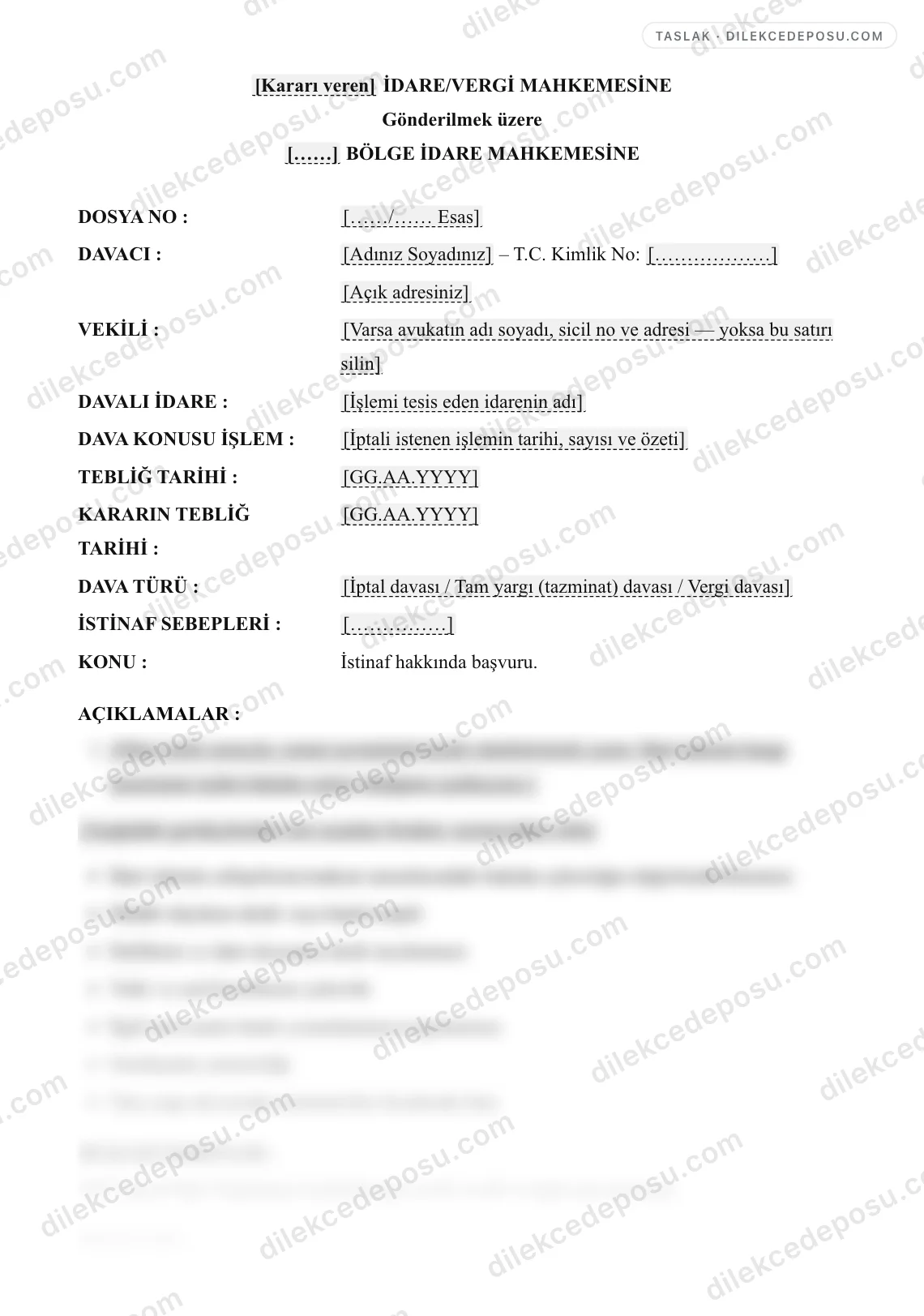 İstinaf Başvuru Dilekçesi (İdari Yargı - İYUK m.45) Örneği – taslağın ilk bölümünün önizlemesi