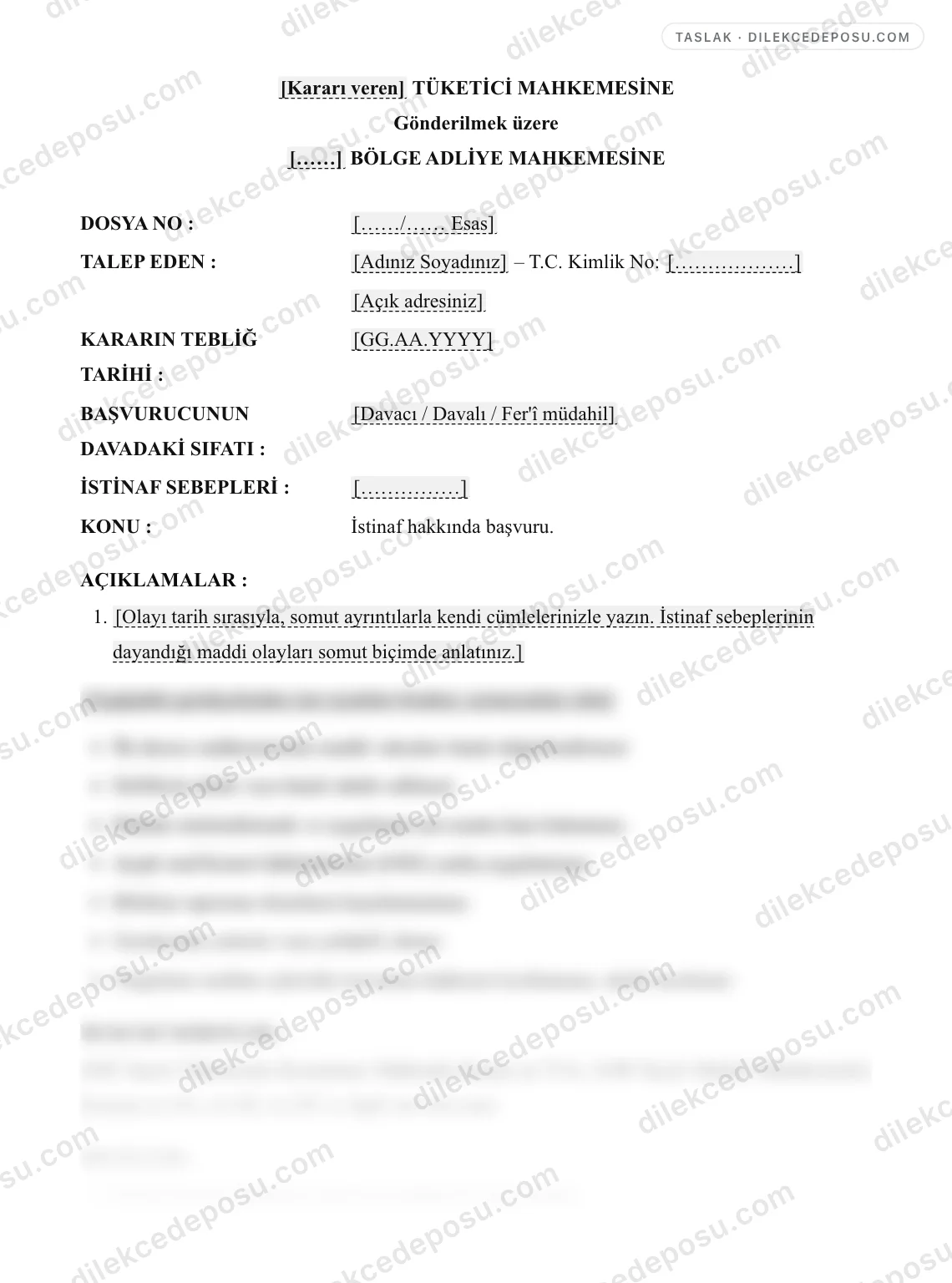 İstinaf Başvuru Dilekçesi (Tüketici Mahkemesi Kararı) Örneği – taslağın ilk bölümünün önizlemesi