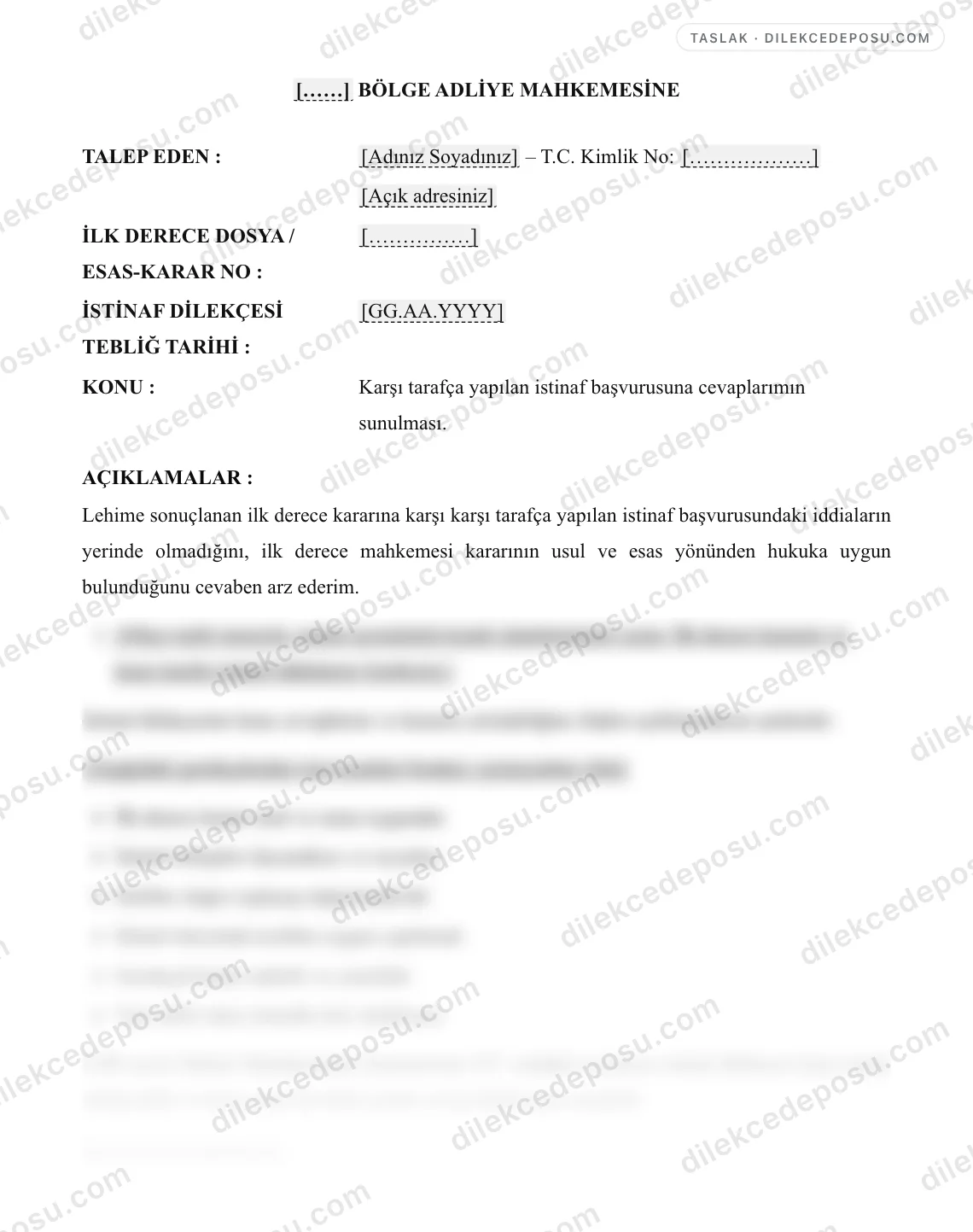 İstinaf Başvurusuna Cevap Dilekçesi Örneği – taslağın ilk bölümünün önizlemesi