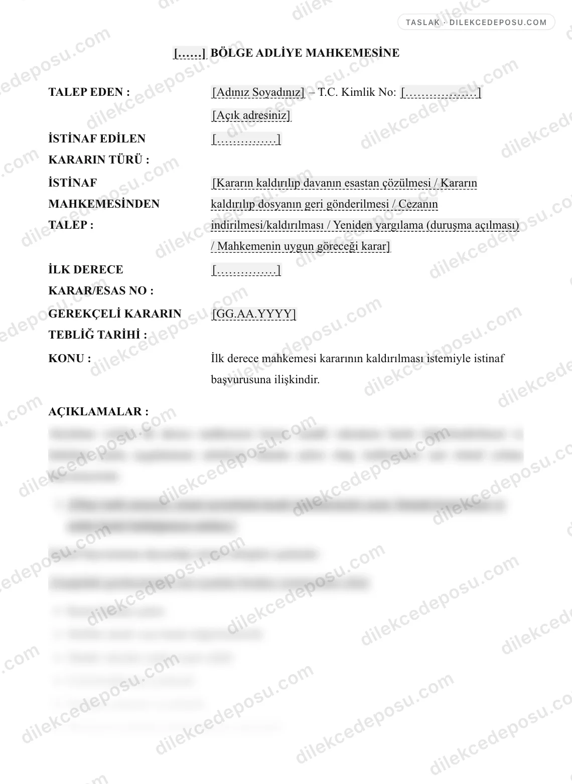 İstinaf Dilekçesi Örneği – taslağın ilk bölümünün önizlemesi