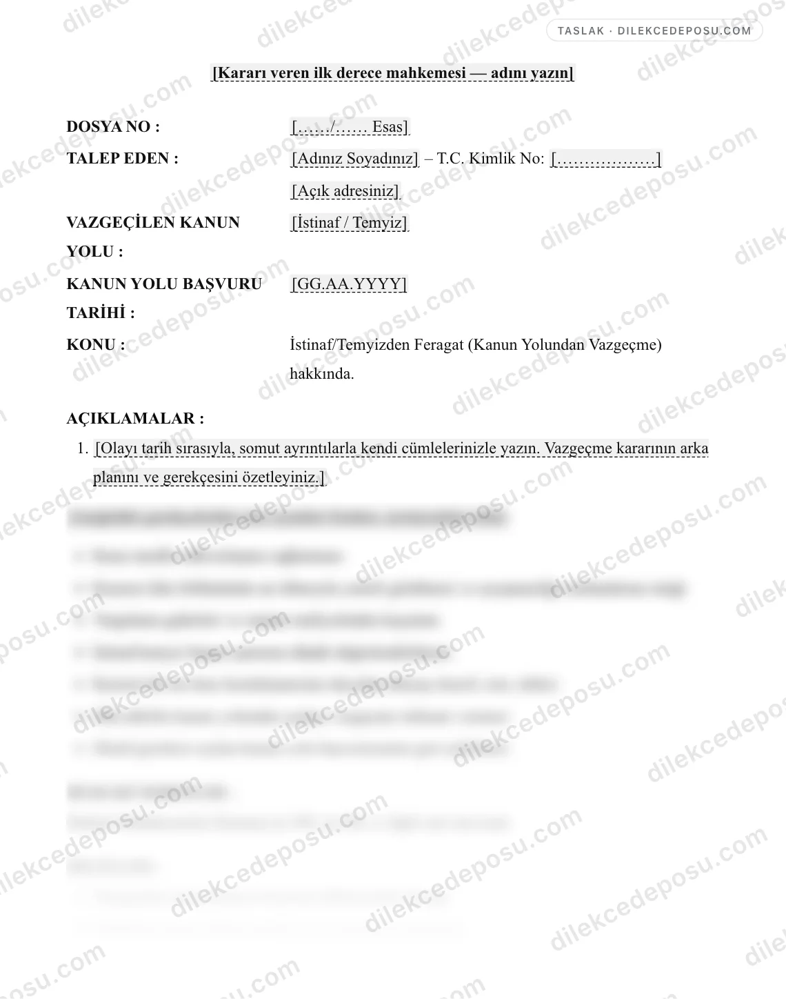 İstinaf/Temyizden Feragat (Kanun Yolundan Vazgeçme) Dilekçesi Örneği – taslağın ilk bölümünün önizlemesi