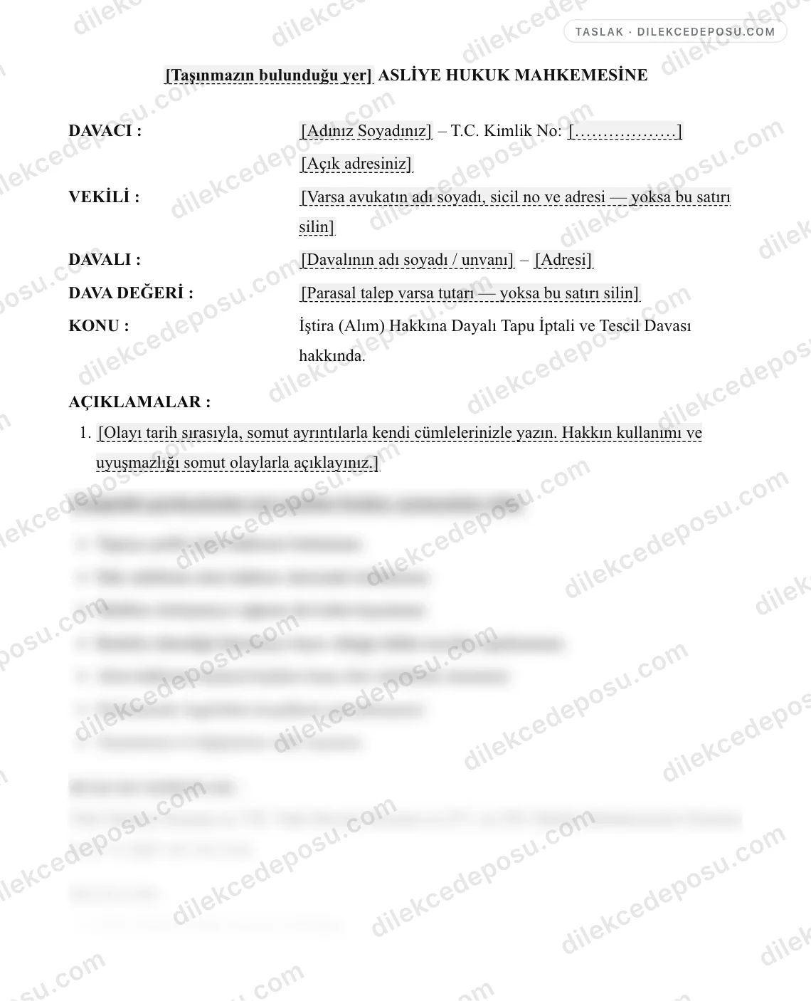 İştira (Alım) Hakkına Dayalı Tapu İptali ve Tescil Davası (TMK m.736) Örneği – taslağın ilk bölümünün önizlemesi