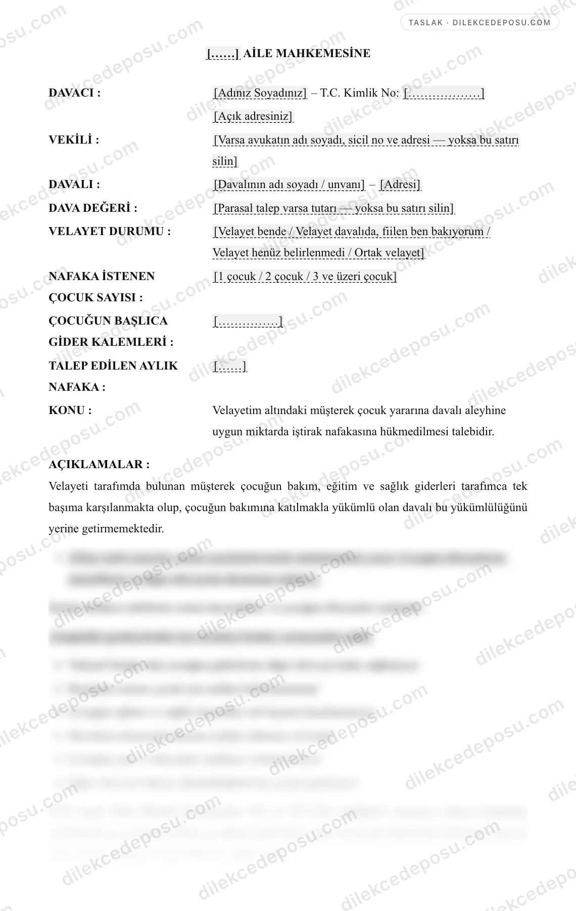 İştirak Nafakası Davası Örneği – taslağın ilk bölümünün önizlemesi