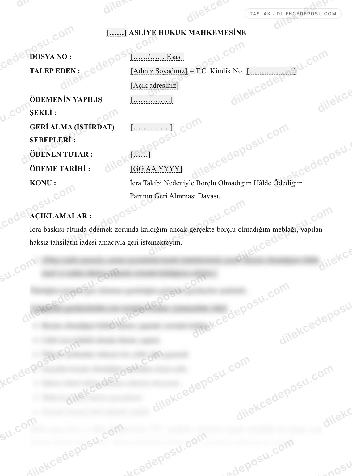 İstirdat Davası (Geri Alma) Örneği – taslağın ilk bölümünün önizlemesi