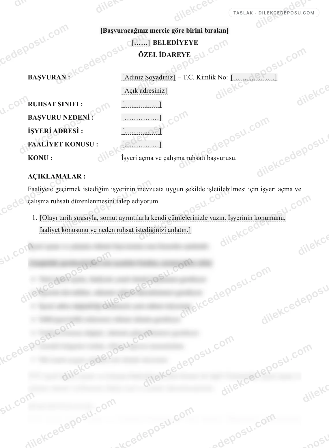 İşyeri Açma ve Çalışma Ruhsatı Örneği – taslağın ilk bölümünün önizlemesi