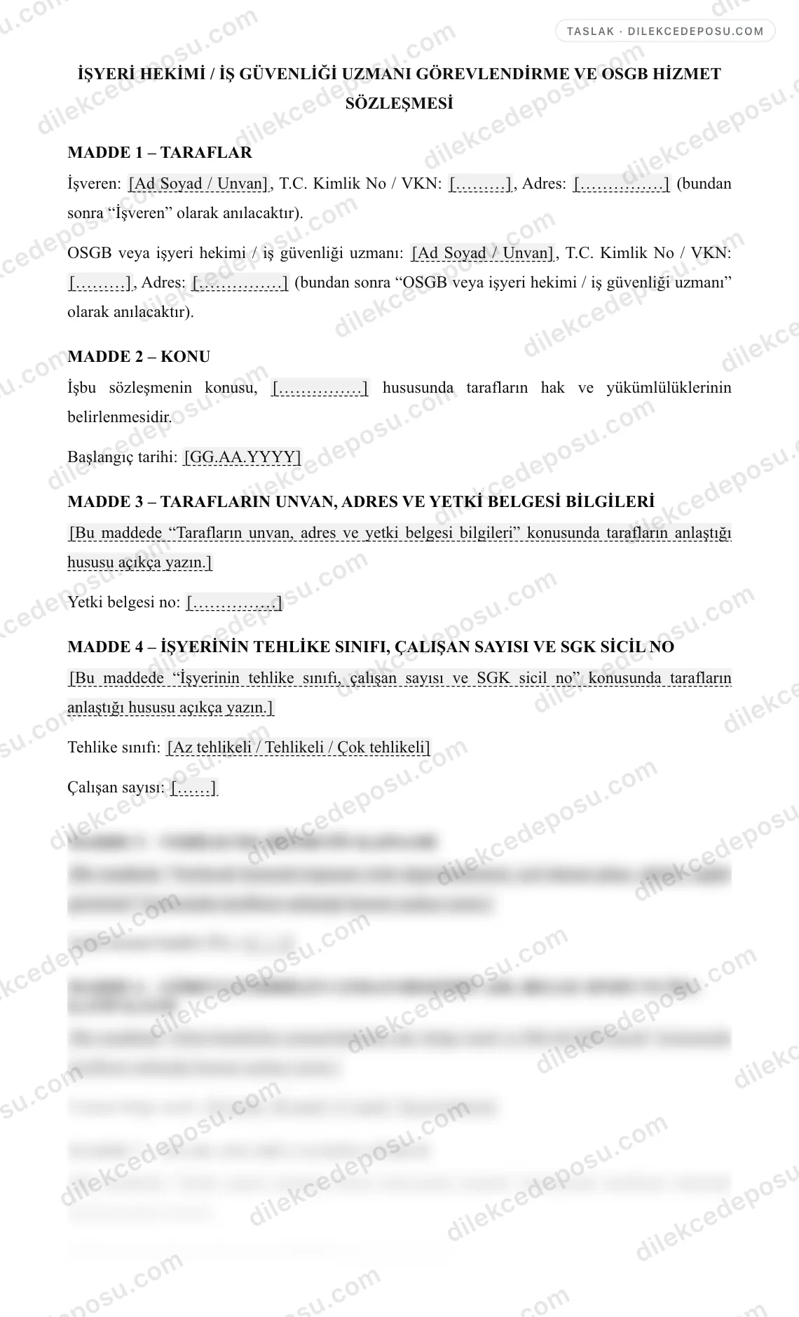 İşyeri Hekimi / İş Güvenliği Uzmanı Görevlendirme ve OSGB Hizmet Sözleşmesi Örneği – taslağın ilk bölümünün önizlemesi