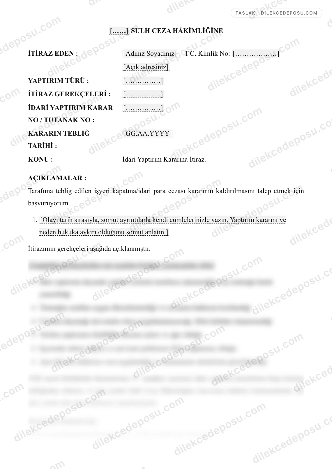 İşyeri Kapatma/İdari Yaptırıma İtiraz Örneği – taslağın ilk bölümünün önizlemesi