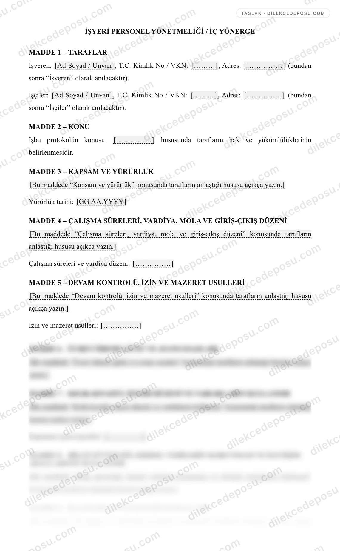 İşyeri Personel Yönetmeliği / İç Yönerge Örneği – taslağın ilk bölümünün önizlemesi