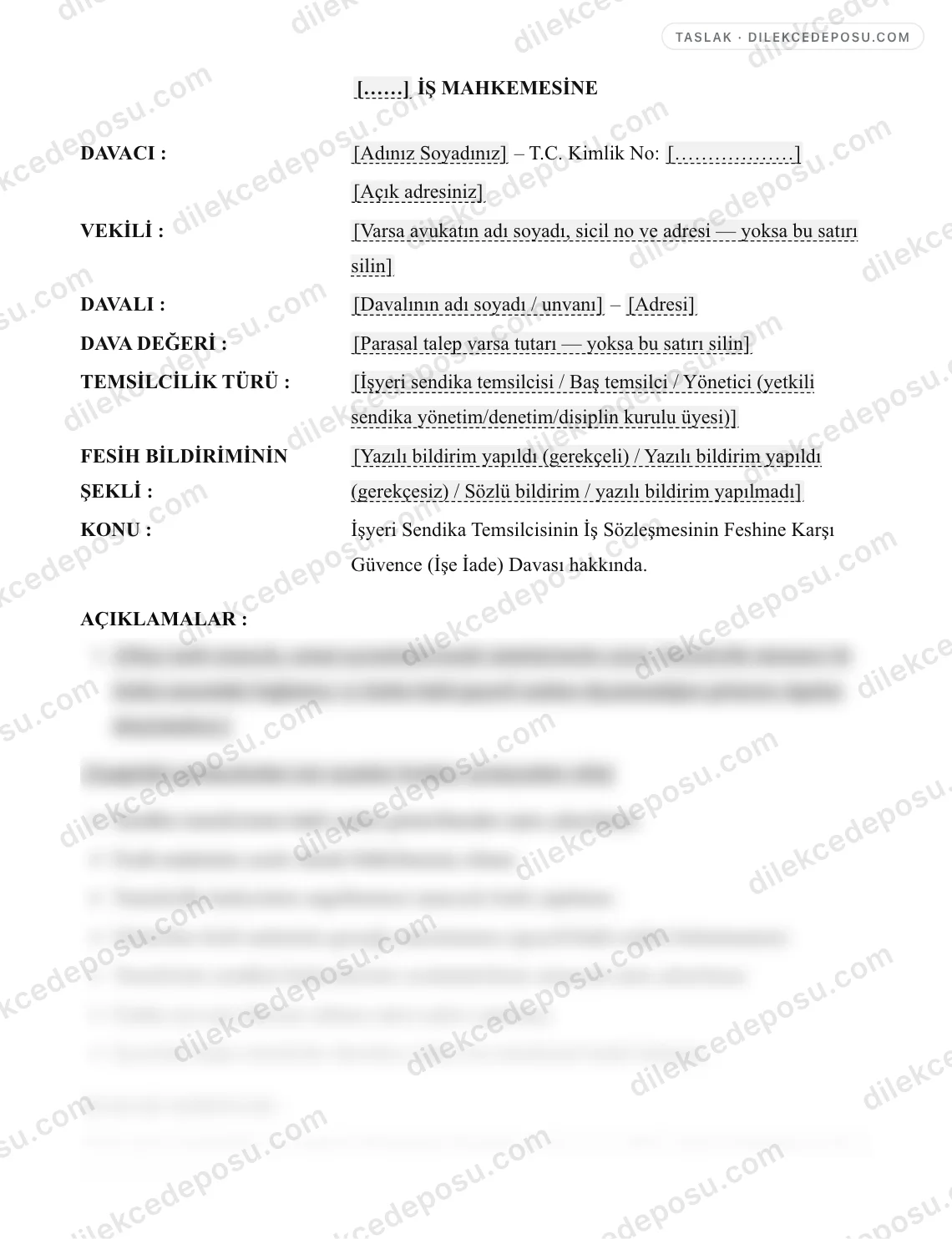 İşyeri Sendika Temsilcisinin İş Sözleşmesinin Feshine Karşı Güvence (İşe İade) Davası Örneği – taslağın ilk bölümünün önizlemesi