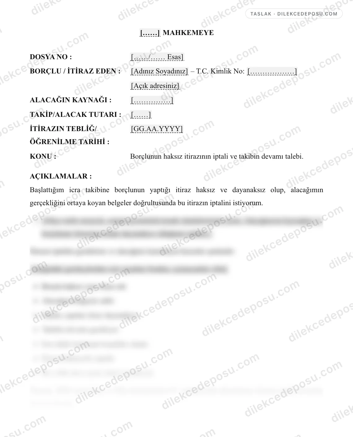 İtirazın İptali Davası Örneği – taslağın ilk bölümünün önizlemesi
