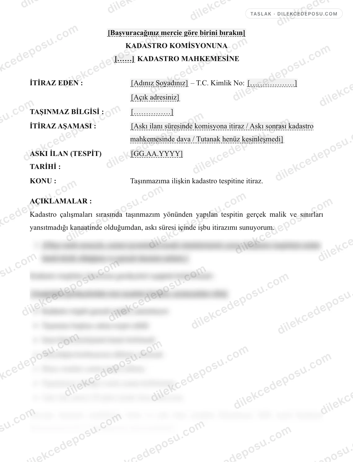 Kadastro Tespitine İtiraz Dilekçesi Örneği – taslağın ilk bölümünün önizlemesi