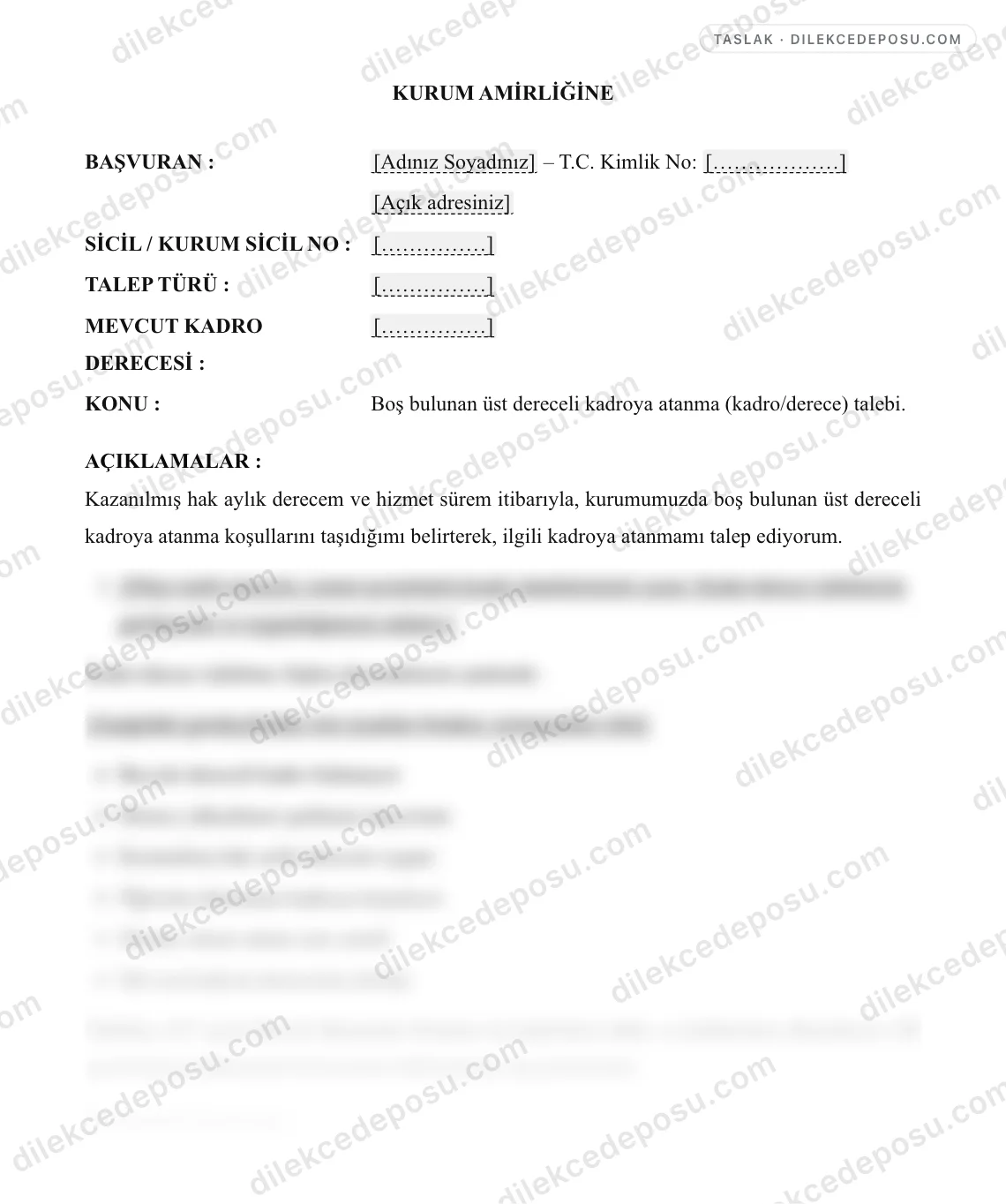 Kadro/Derece Talep Dilekçesi Örneği – taslağın ilk bölümünün önizlemesi