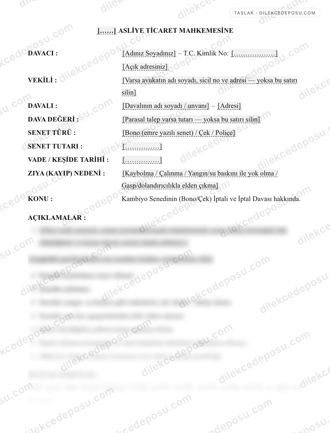 Kambiyo Senedinin (Bono/Çek) İptali ve İptal Davası Dilekçesi (TTK m.757-765) Örneği – taslağın ilk bölümünün önizlemesi