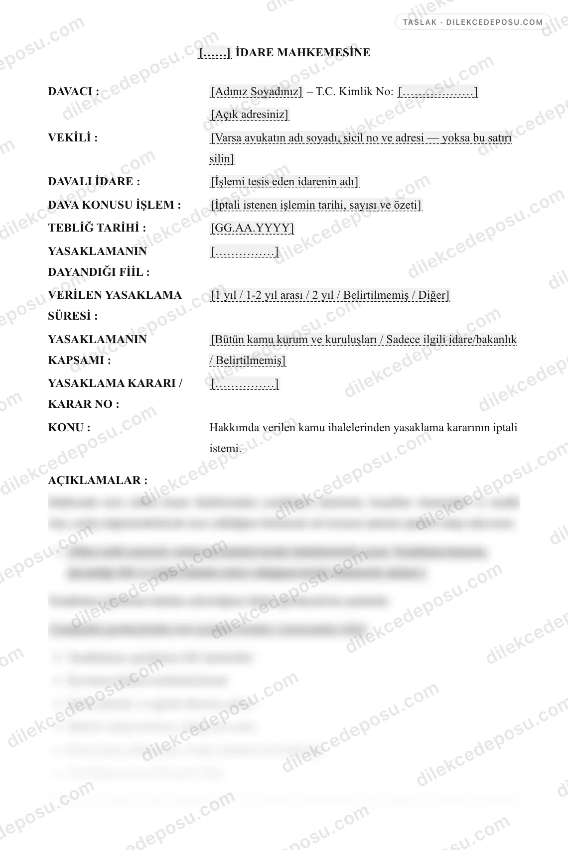 Kamu İhalelerinden Yasaklama Kararının İptali Davası Dilekçesi Örneği – taslağın ilk bölümünün önizlemesi