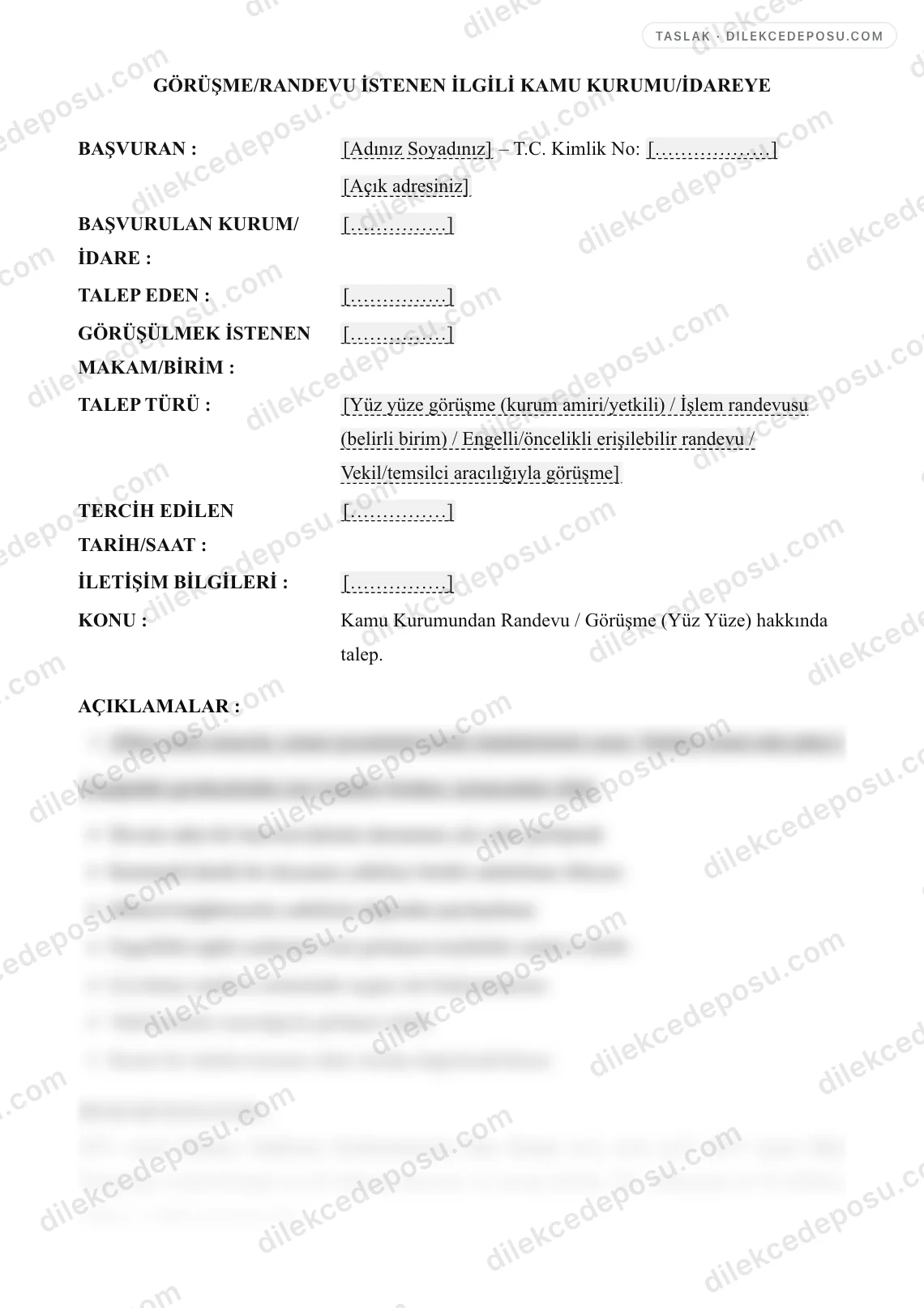 Kamu Kurumundan Randevu / Görüşme (Yüz Yüze) Talep Dilekçesi Örneği – taslağın ilk bölümünün önizlemesi