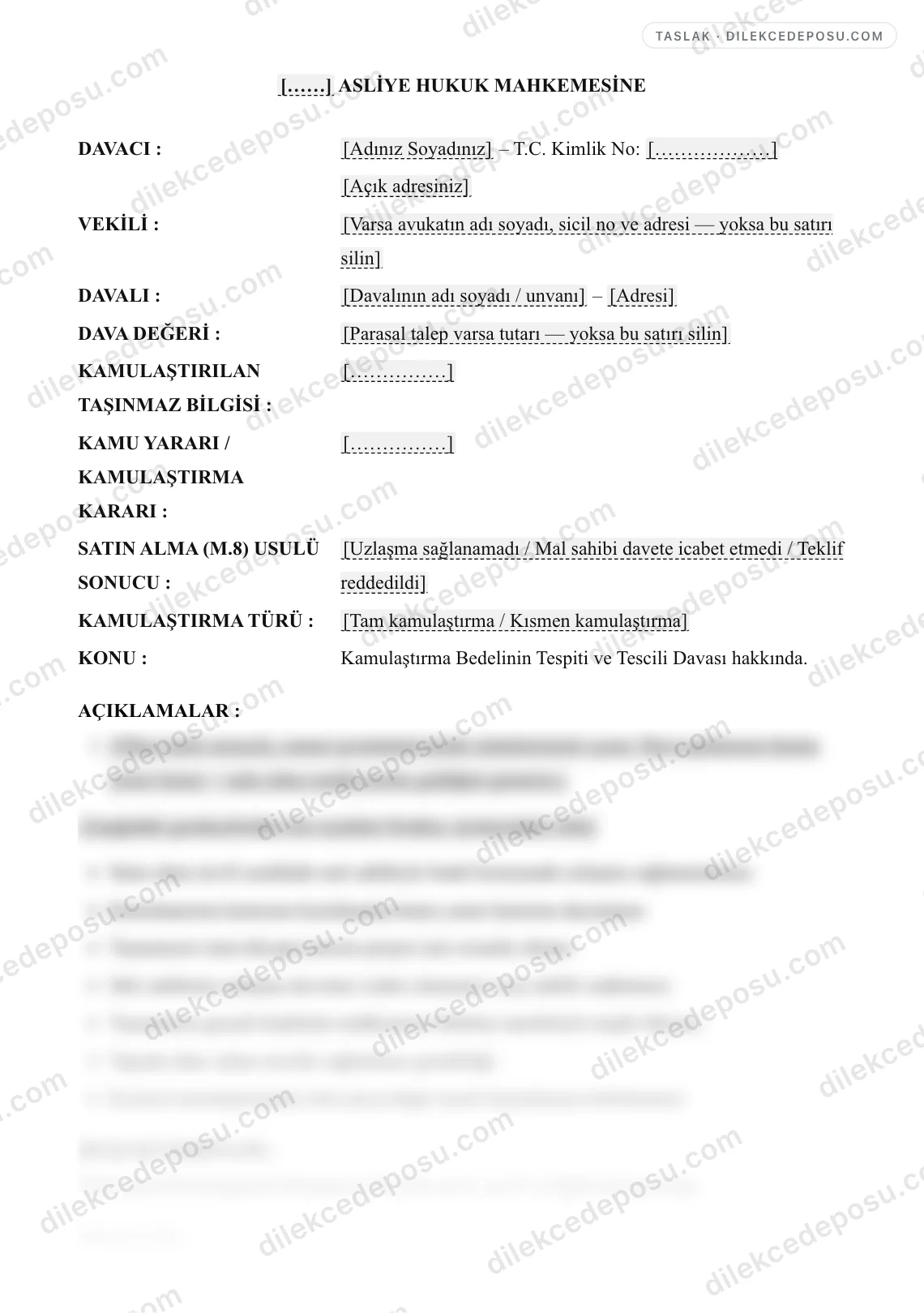 Kamulaştırma Bedelinin Tespiti ve Tescili Davası Dilekçesi (İdare Tarafı) Örneği – taslağın ilk bölümünün önizlemesi
