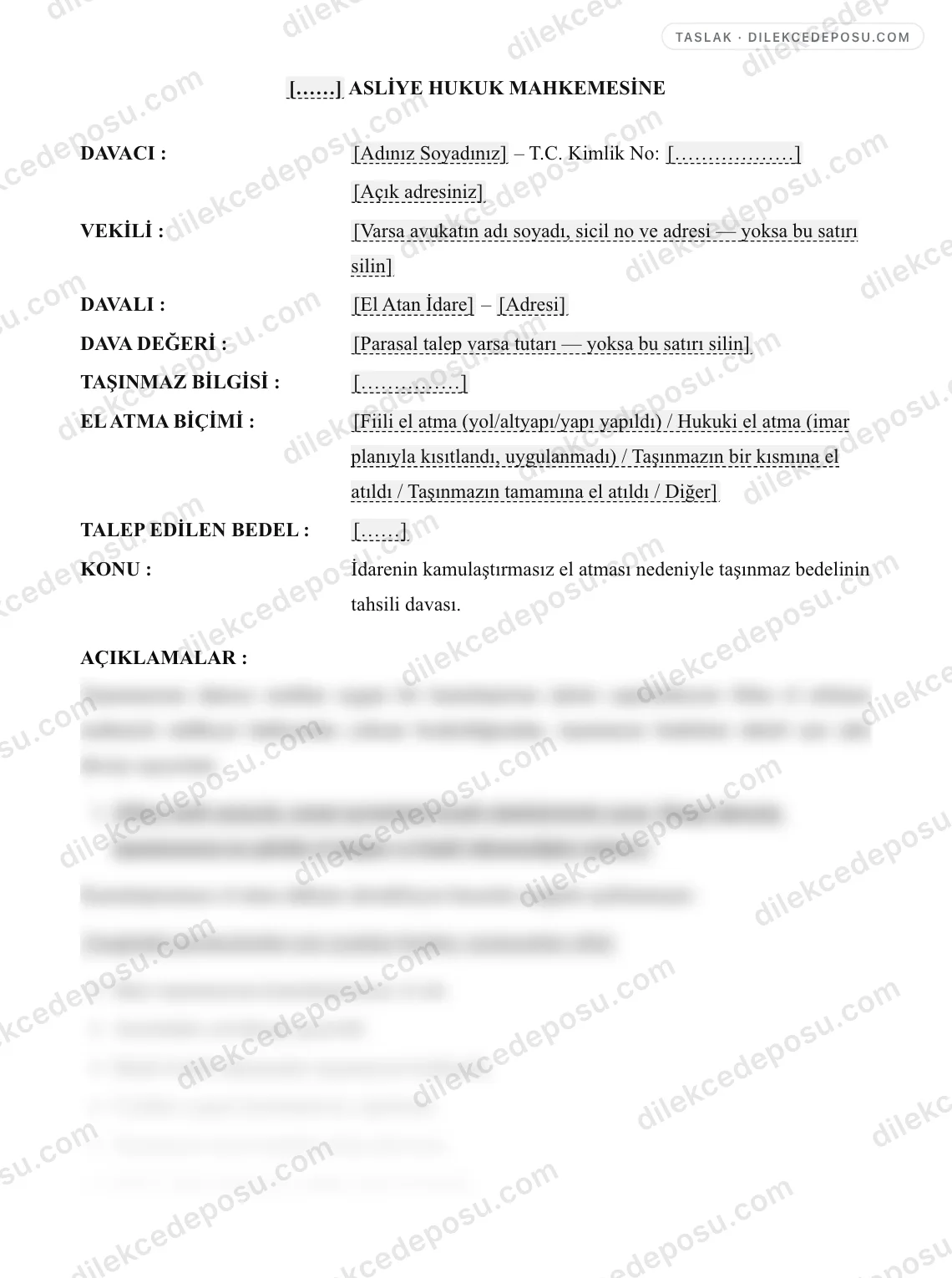 Kamulaştırmasız El Atma (Bedel) Davası Örneği – taslağın ilk bölümünün önizlemesi