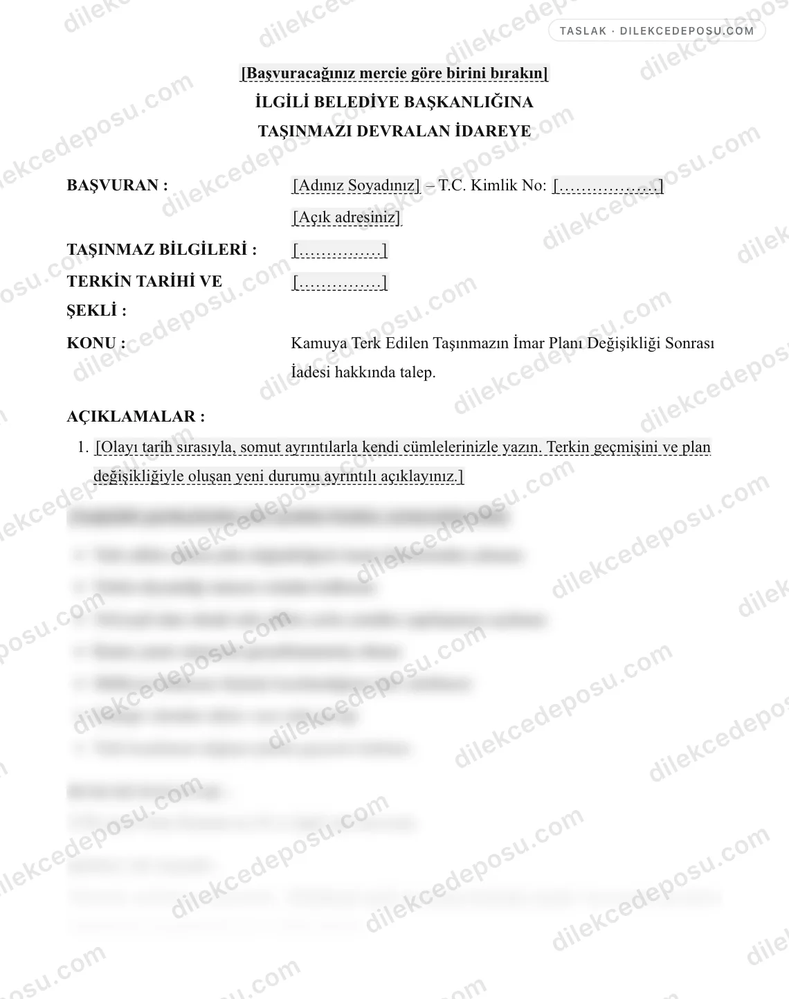 Kamuya Terk Edilen Taşınmazın İmar Planı Değişikliği Sonrası İadesi Talebi Dilekçesi Örneği – taslağın ilk bölümünün önizlemesi