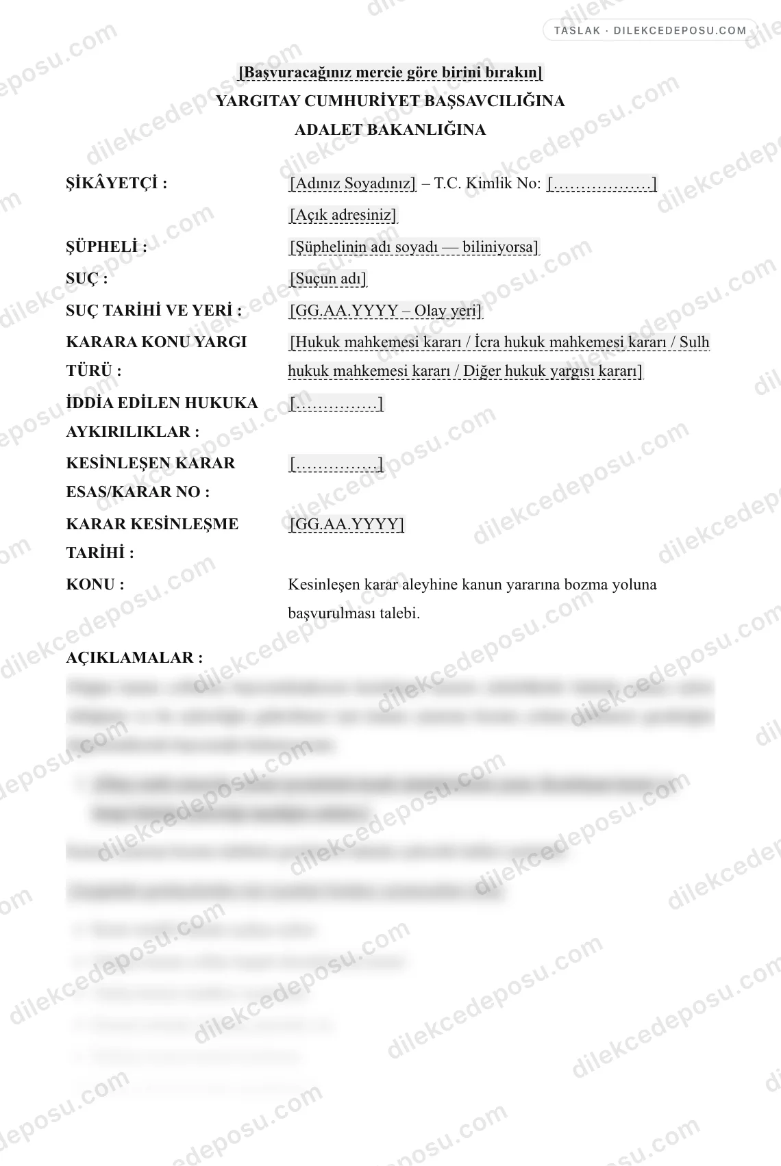 Kanun Yararına Bozma Talebi Örneği – taslağın ilk bölümünün önizlemesi