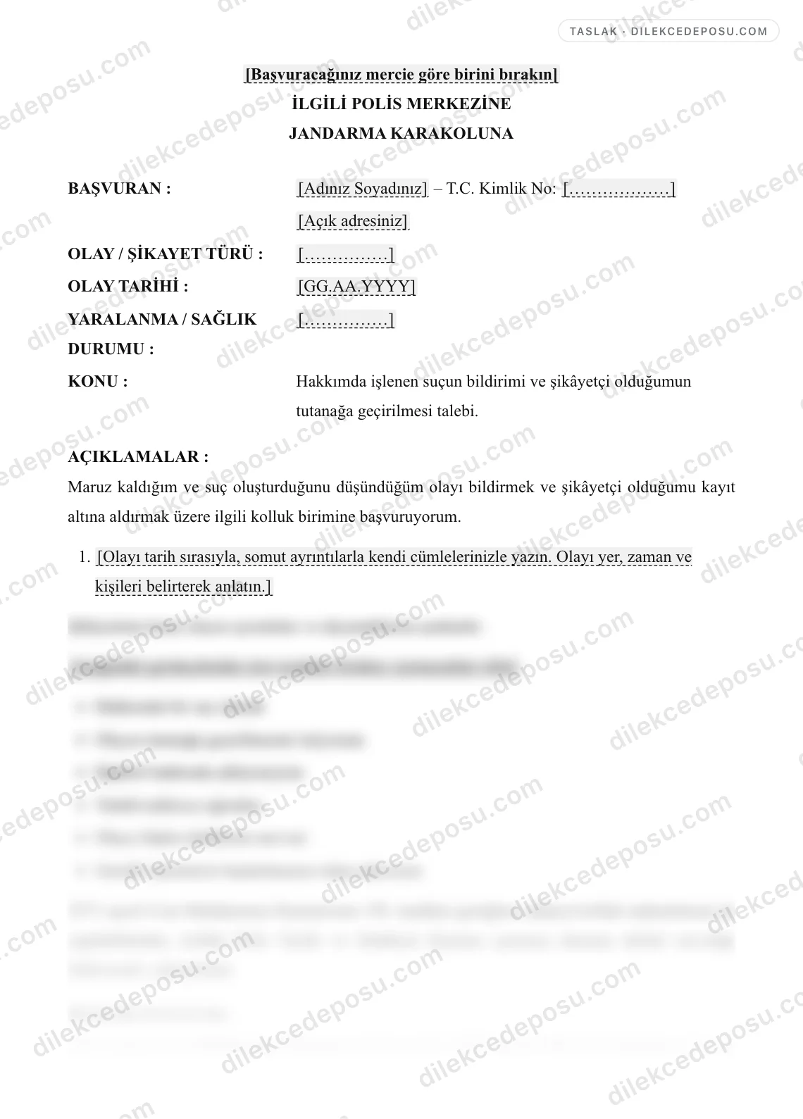Karakol Şikayet Dilekçesi Örneği – taslağın ilk bölümünün önizlemesi