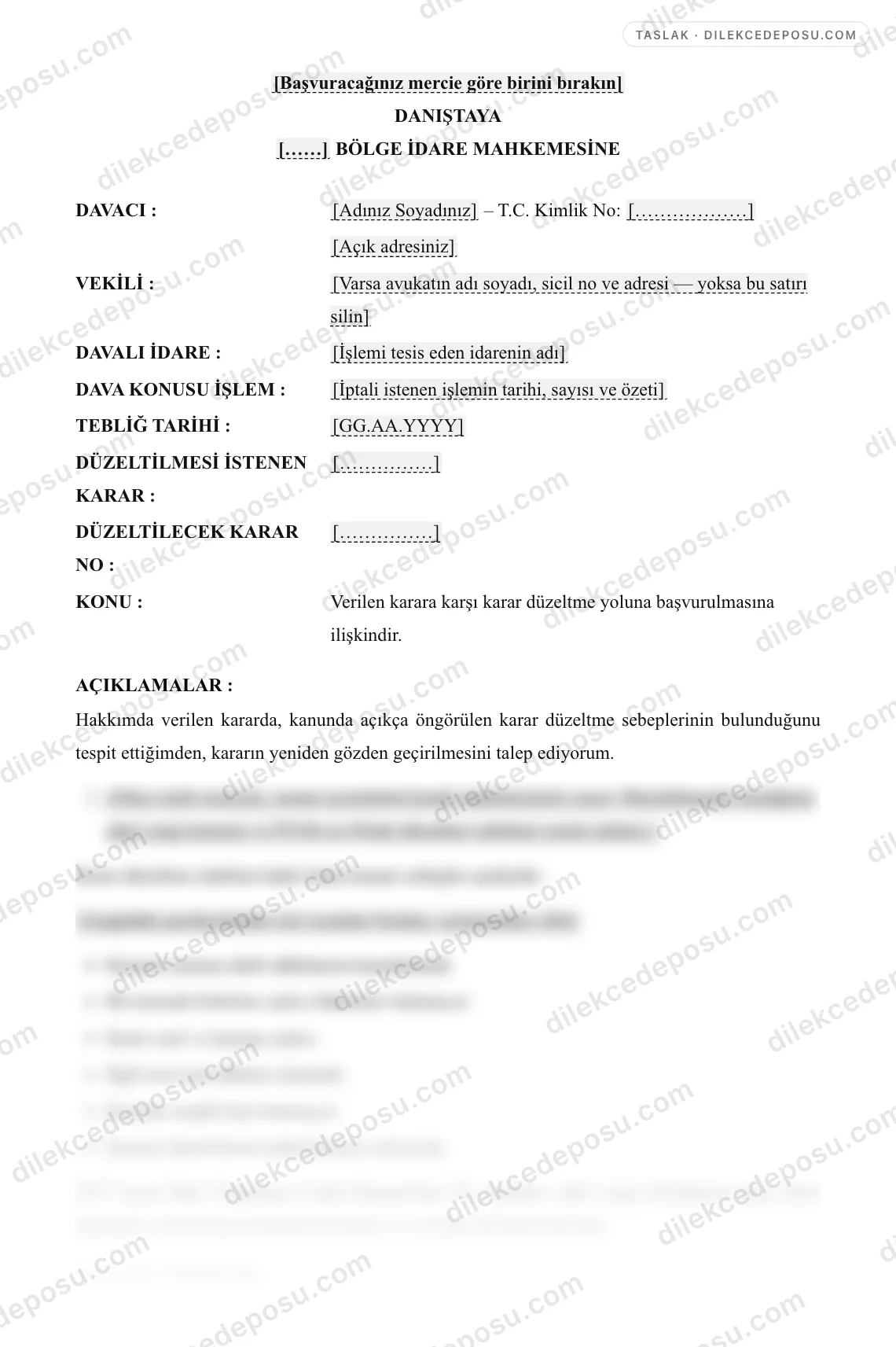 Karar Düzeltme Dilekçesi (İdari Yargı) Örneği – taslağın ilk bölümünün önizlemesi