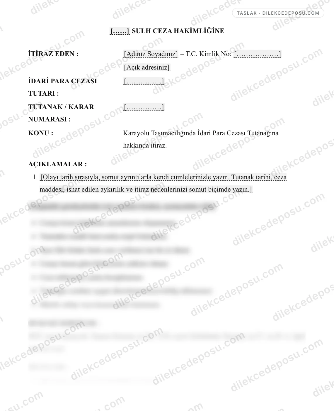 Karayolu Taşımacılığında İdari Para Cezası Tutanağına İtiraz Dilekçesi (4925) Örneği – taslağın ilk bölümünün önizlemesi