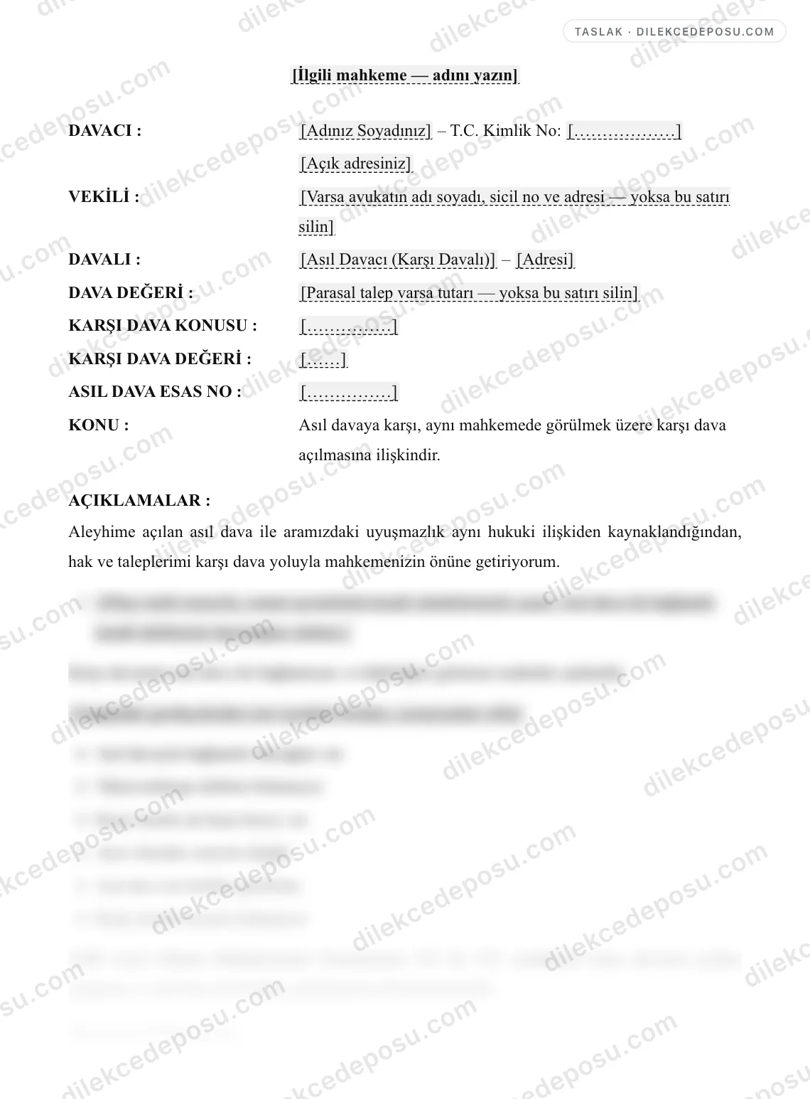 Karşı Dava Dilekçesi Örneği – taslağın ilk bölümünün önizlemesi