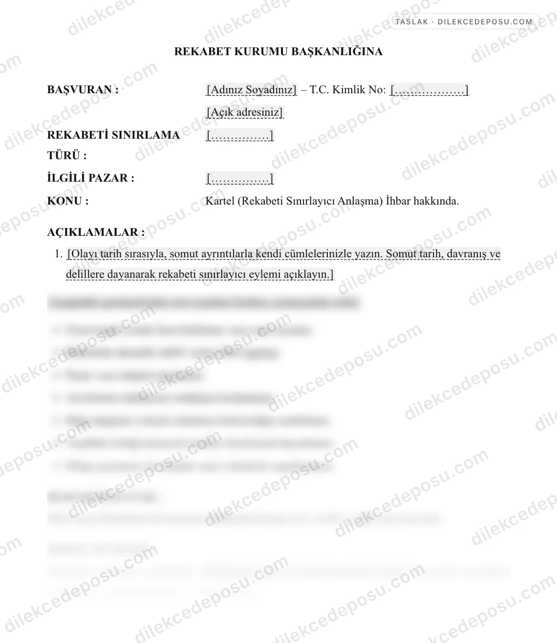 Kartel (Rekabeti Sınırlayıcı Anlaşma) İhbar Dilekçesi (Rekabet Kurumu) Örneği – taslağın ilk bölümünün önizlemesi