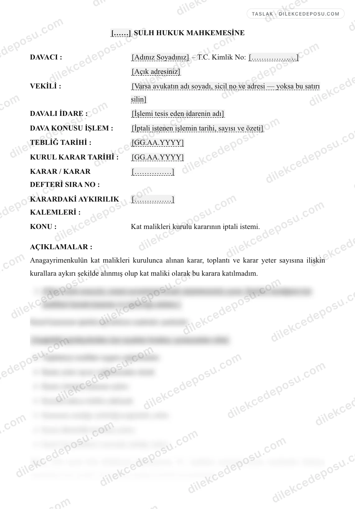 Kat Malikleri Kurulu Kararının İptali Davası Örneği – taslağın ilk bölümünün önizlemesi