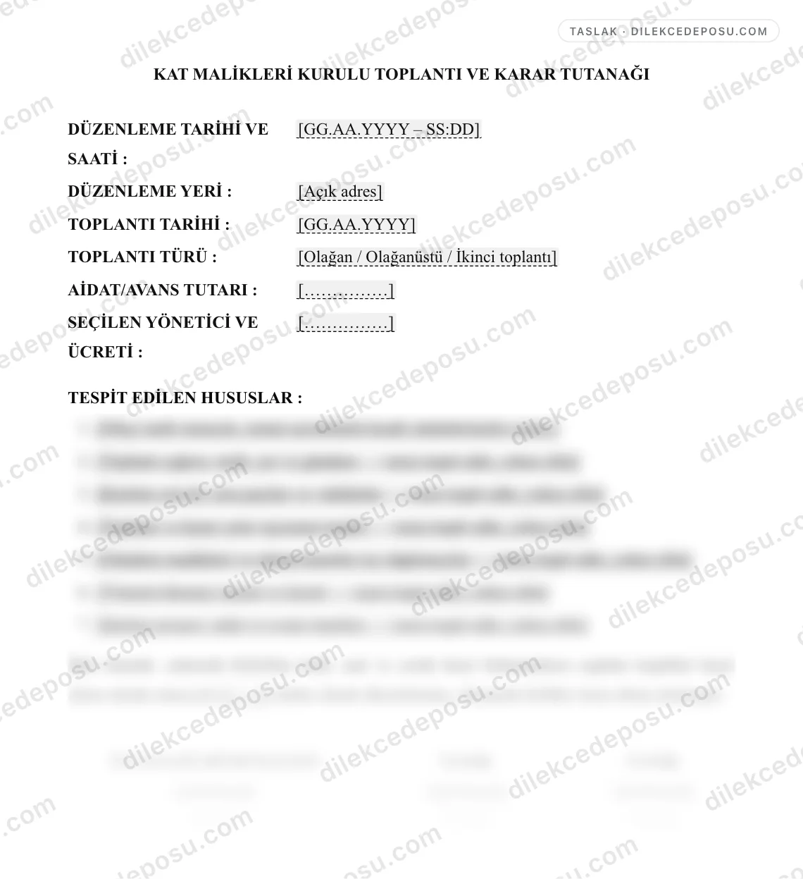 Kat Malikleri Kurulu Toplantı ve Karar Tutanağı Örneği – taslağın ilk bölümünün önizlemesi