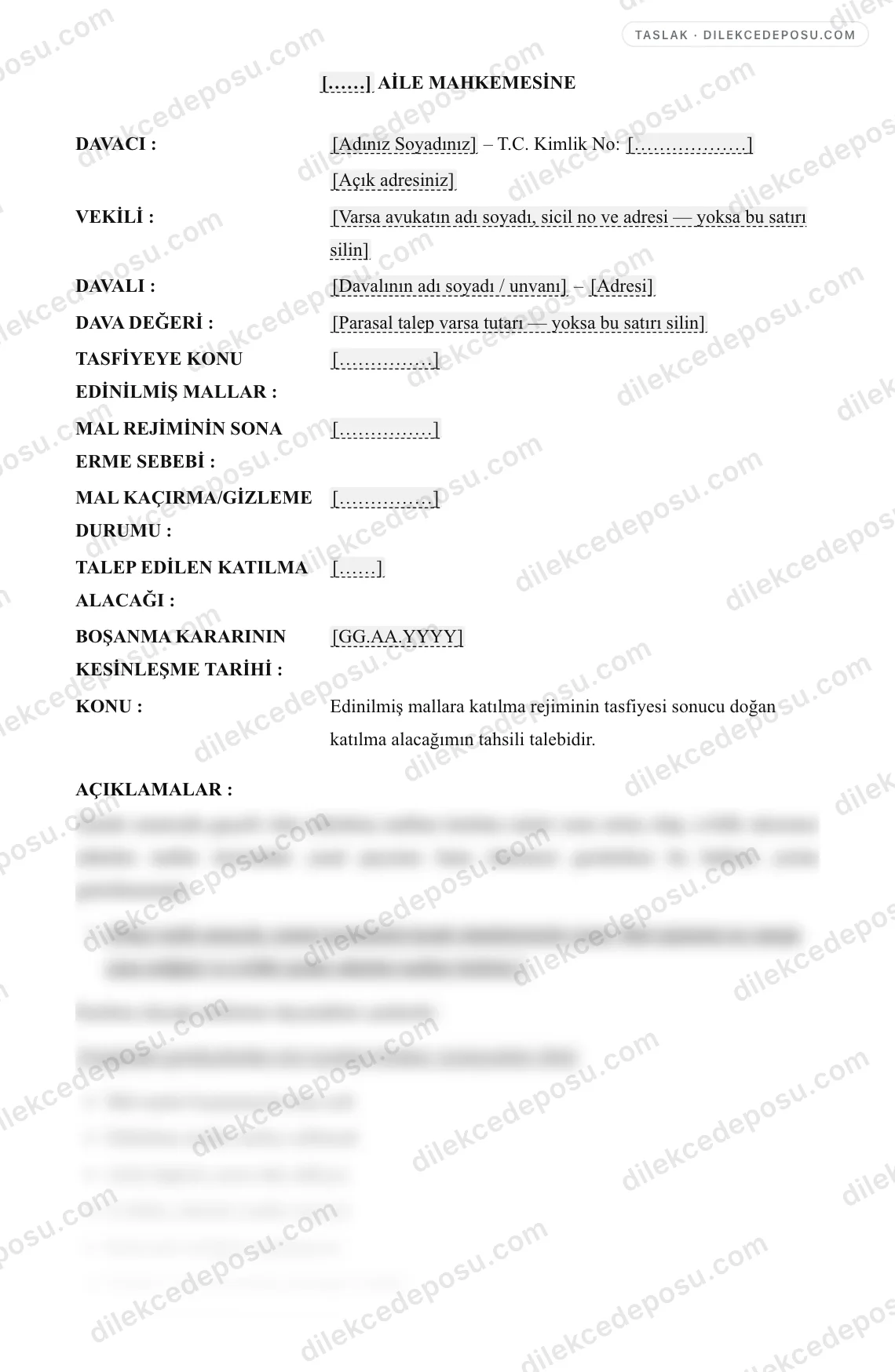 Katılma Alacağı Davası (Edinilmiş Mallara Katılma) Örneği – taslağın ilk bölümünün önizlemesi