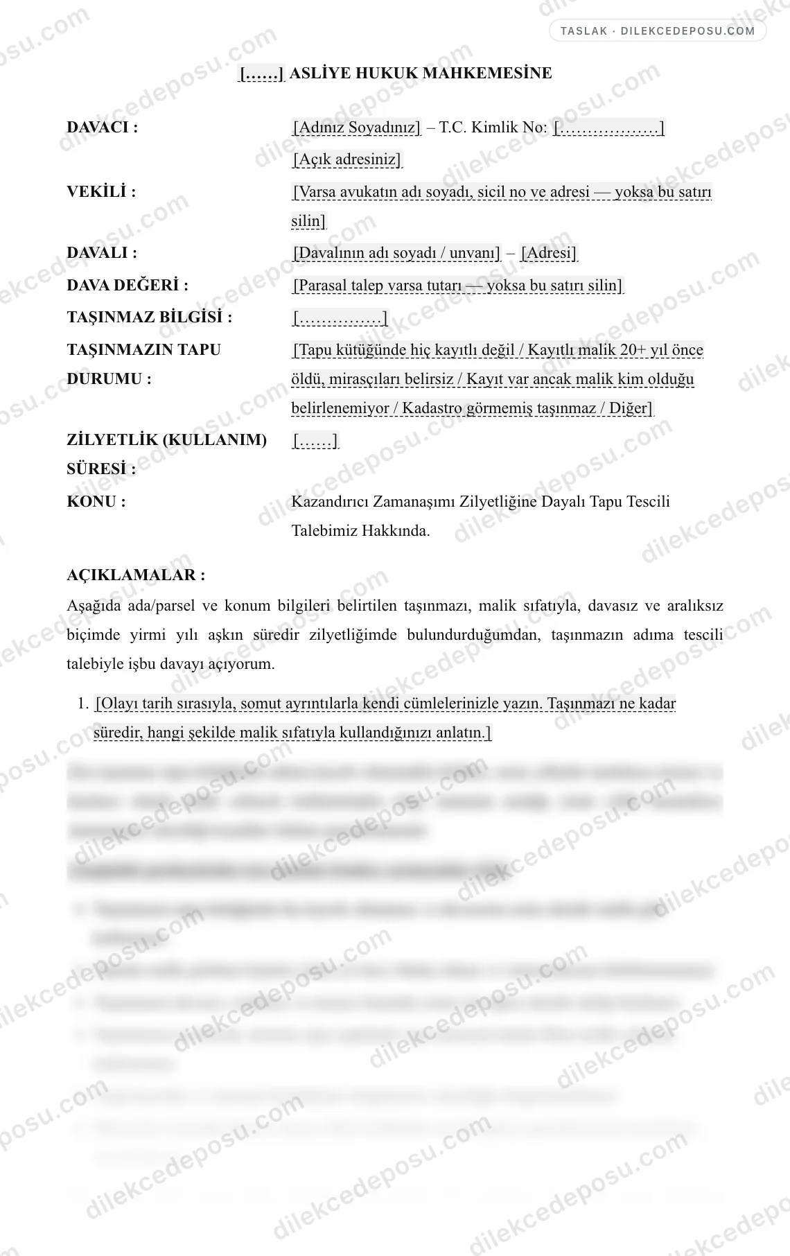 Kazandırıcı Zamanaşımı (Zilyetlik) Yoluyla Tapu Tescili Davası Örneği – taslağın ilk bölümünün önizlemesi